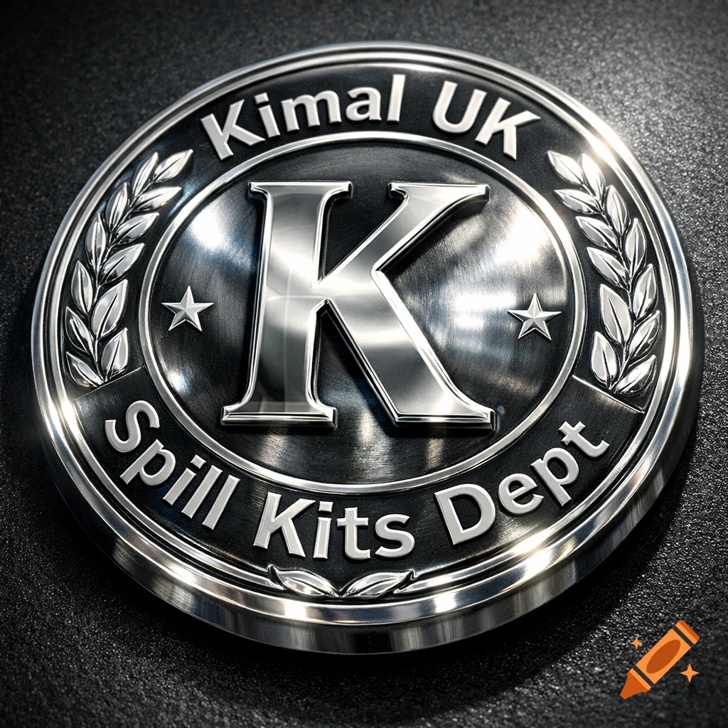 A metallic silver and black emblem with a large 'K' in the center, surrounded by the text 'Kimal UK Spill Kits Dept' and olive branches.
