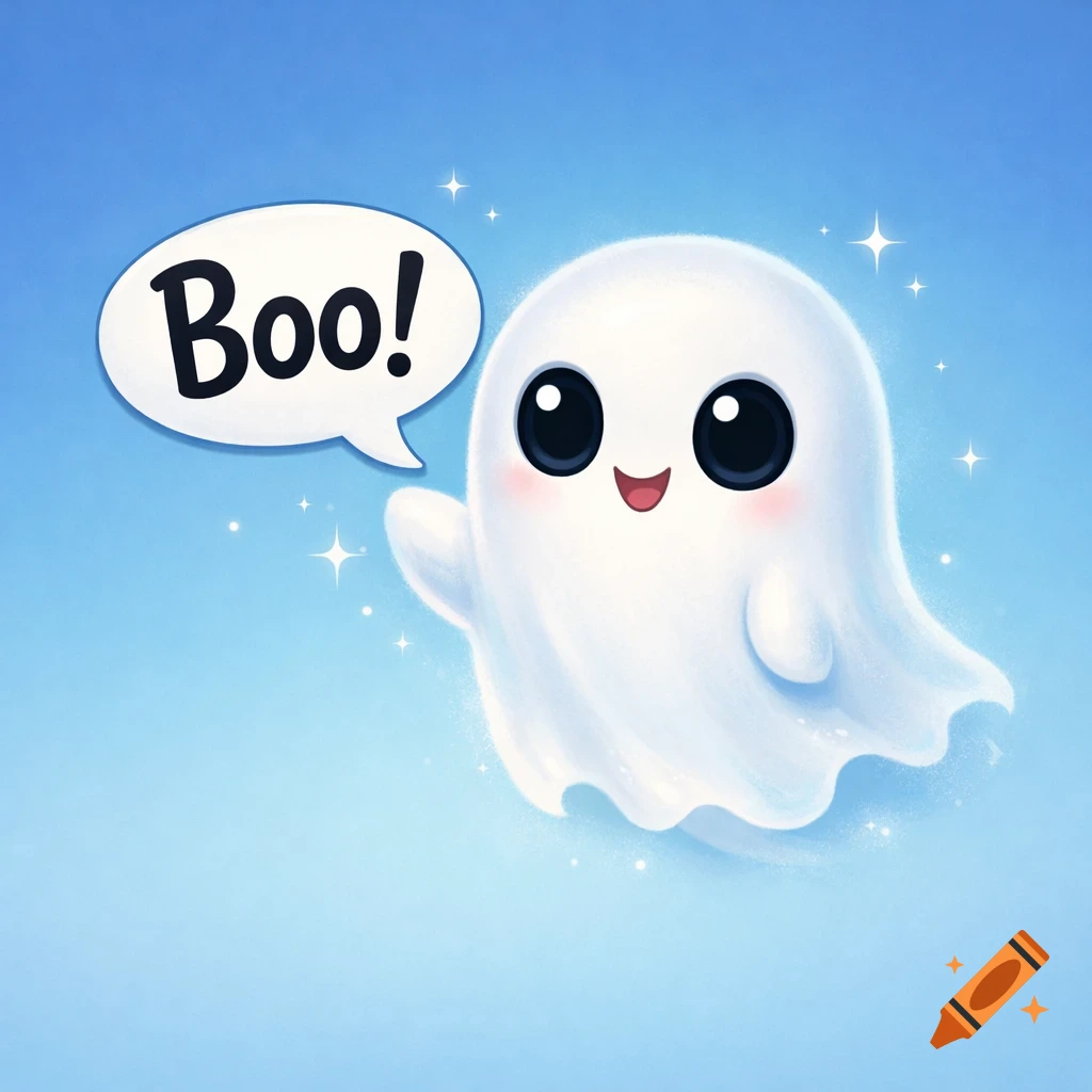 A cute cartoon ghost with big black eyes and rosy cheeks floats against a light blue background, holding a speech bubble with "Boo!".