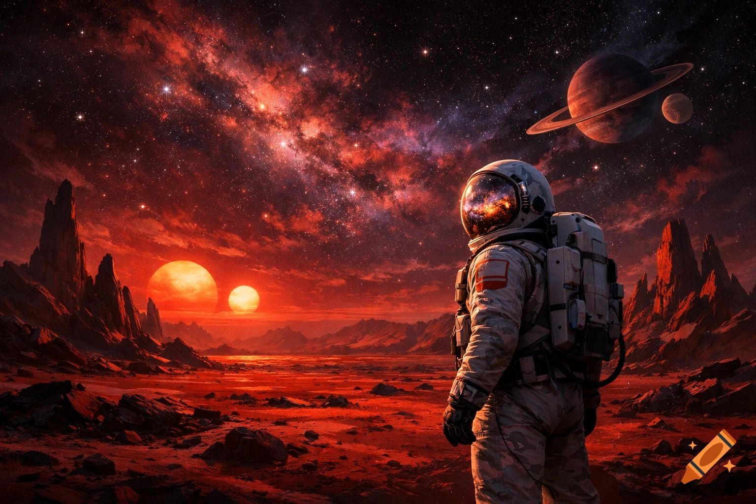 An astronaut stands on a red alien planet with two suns, jagged rocks, and a nebula-filled sky with a ringed planet.