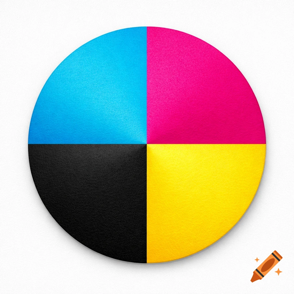 A circular CMYK color chart divided into four equal sections of cyan, magenta, yellow, and black.