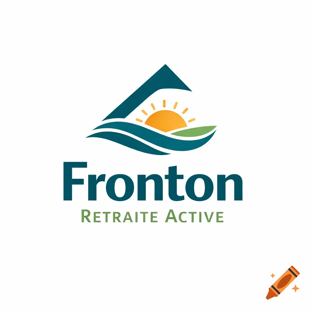 Logo for Fronton Retraite Active featuring a stylized roof, sun, waves, and green land.