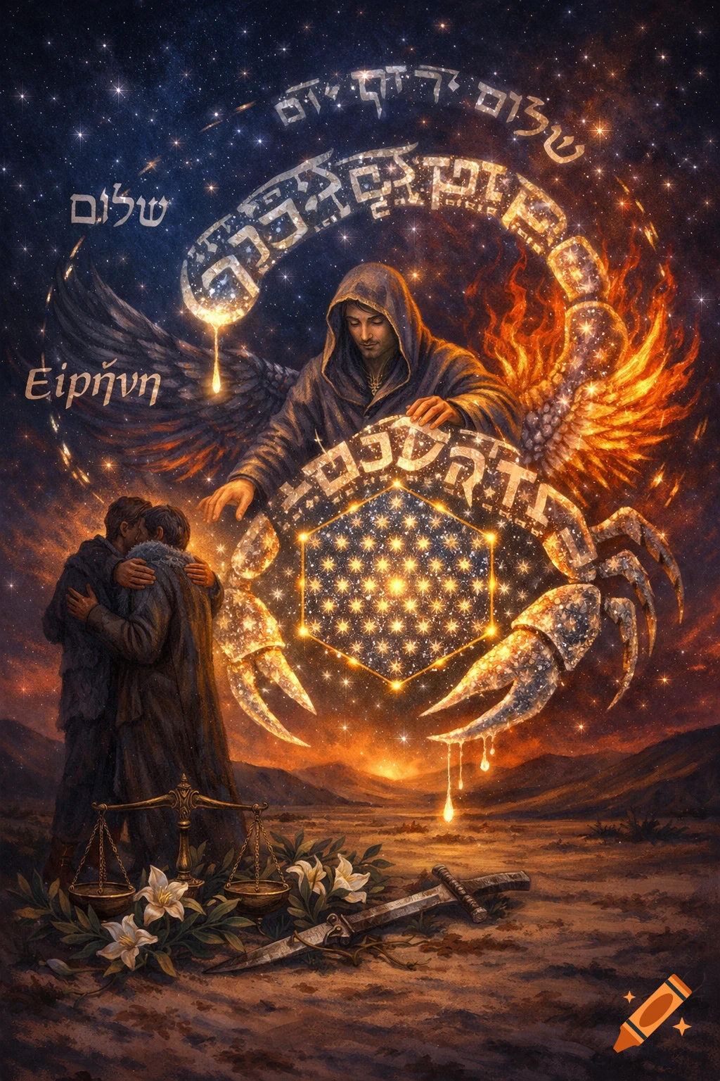 A mystical art piece featuring a cloaked figure with wings, a glowing scorpion made of stars and Hebrew letters, two embracing figures, and scales of justice with lilies on the ground under a cosmic sky.
