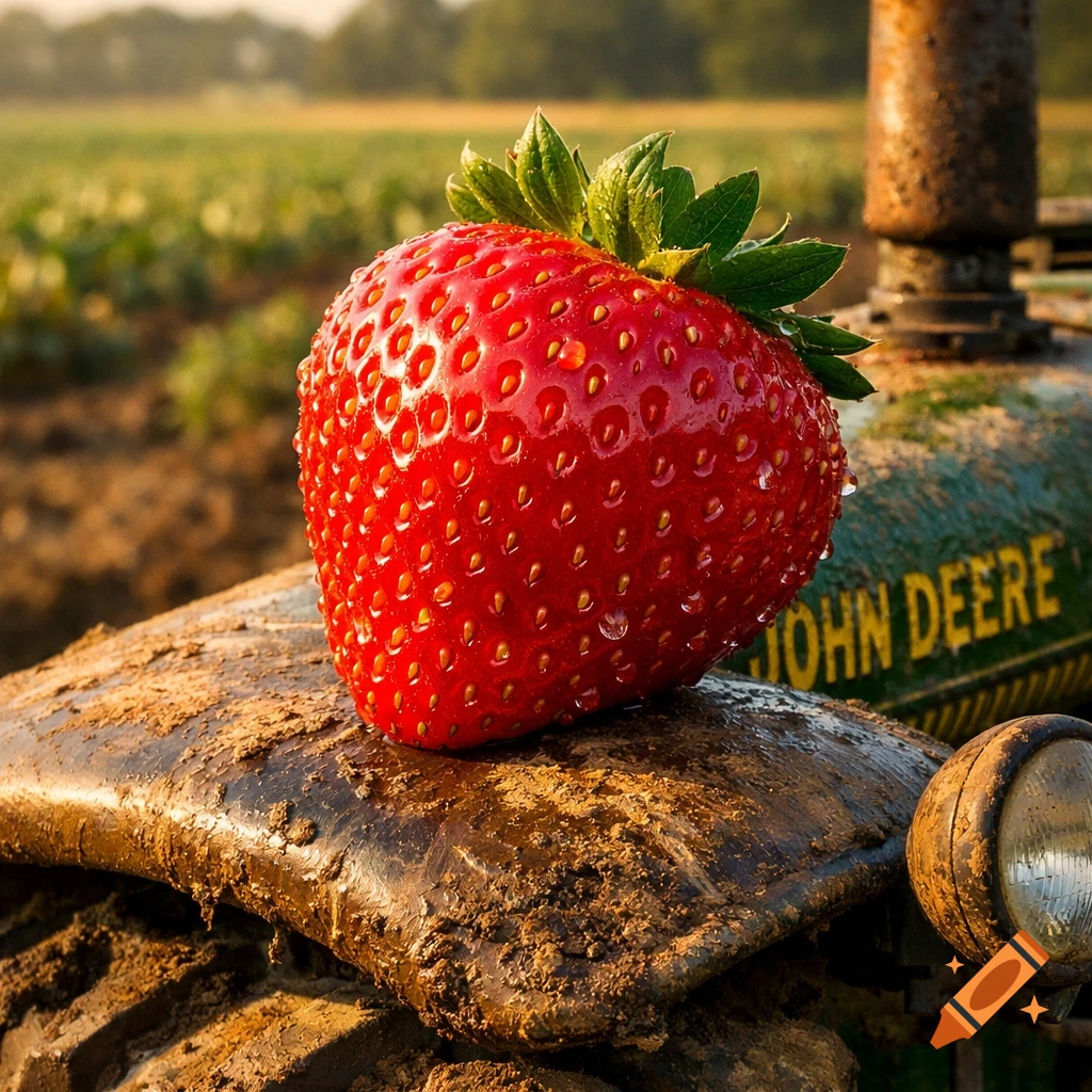 Large red strawberry resting on a muddy green John Deere tractor in a sunny field.