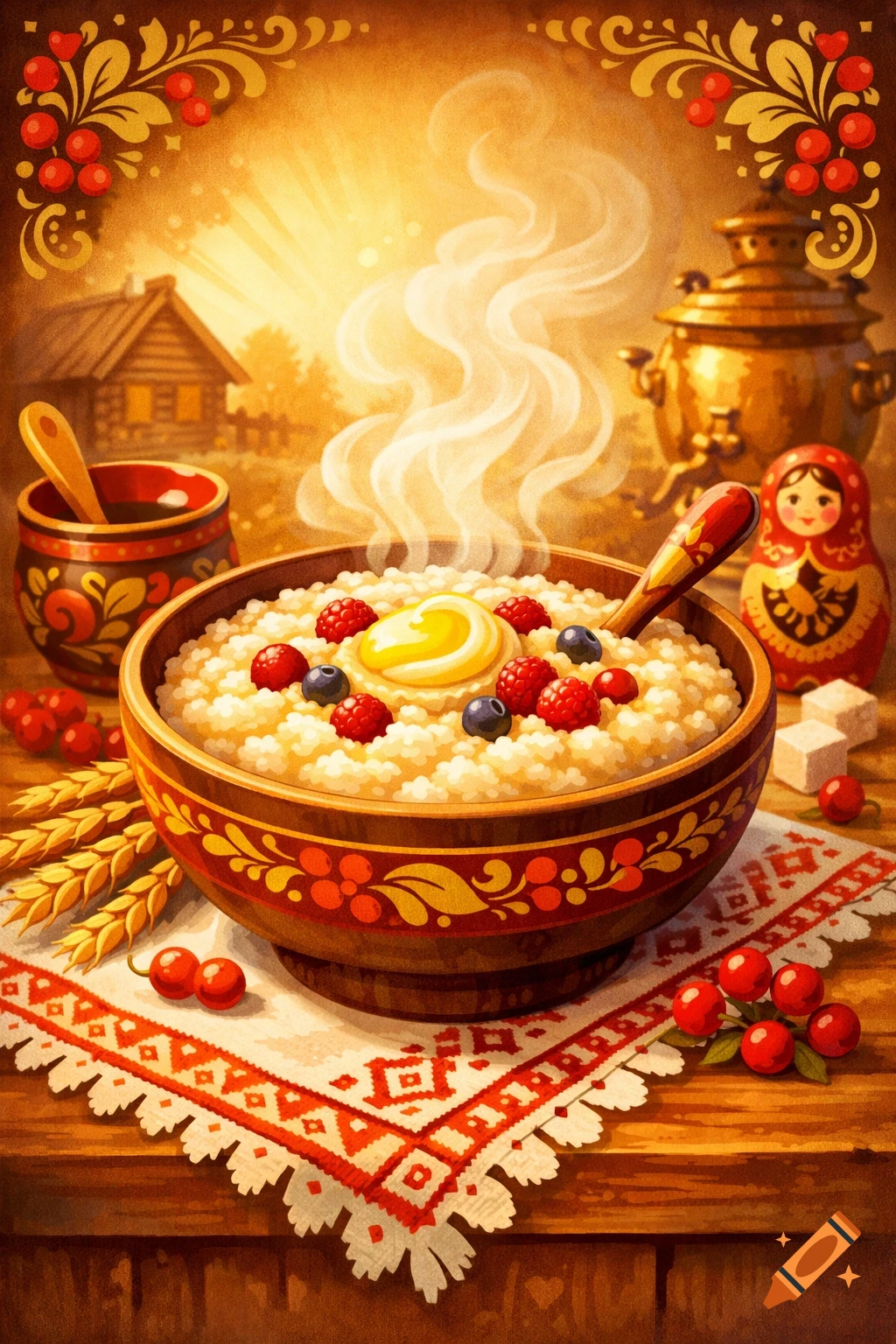 Folk art illustration of a steaming Kasha porridge bowl with berries and butter, a samovar, matryoshka doll, and a rustic Russian cabin.