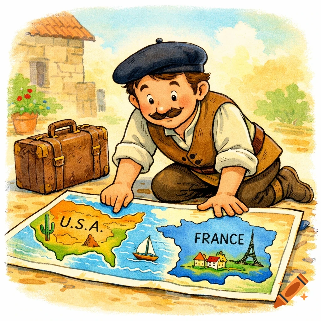 Children's book illustration of a man with a mustache and beret studying a map of USA and France, with a suitcase nearby.