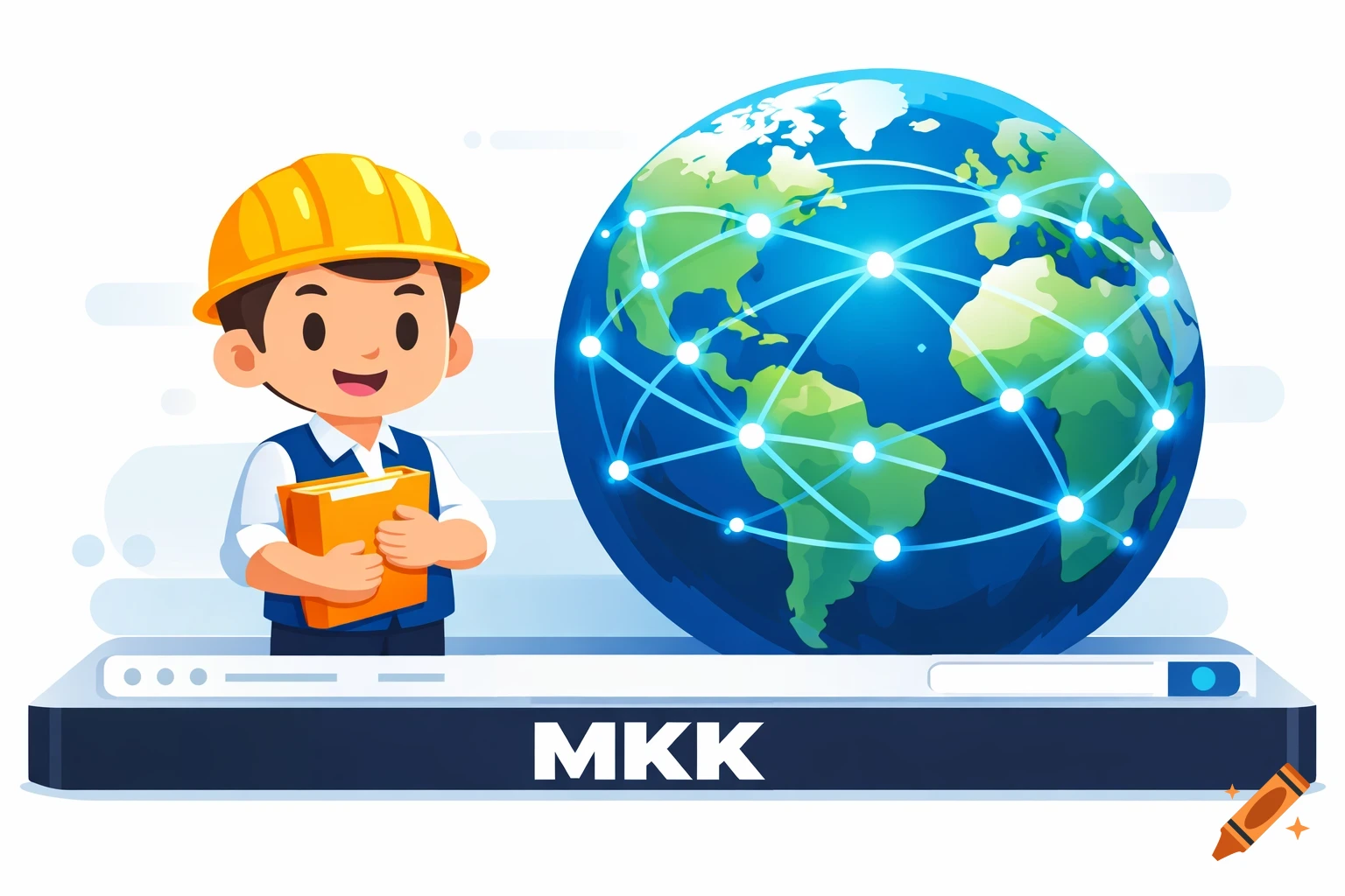 A cheerful cartoon man in a yellow hard hat holding a folder stands next to a globe with a glowing network on a digital interface with "MKK" text.