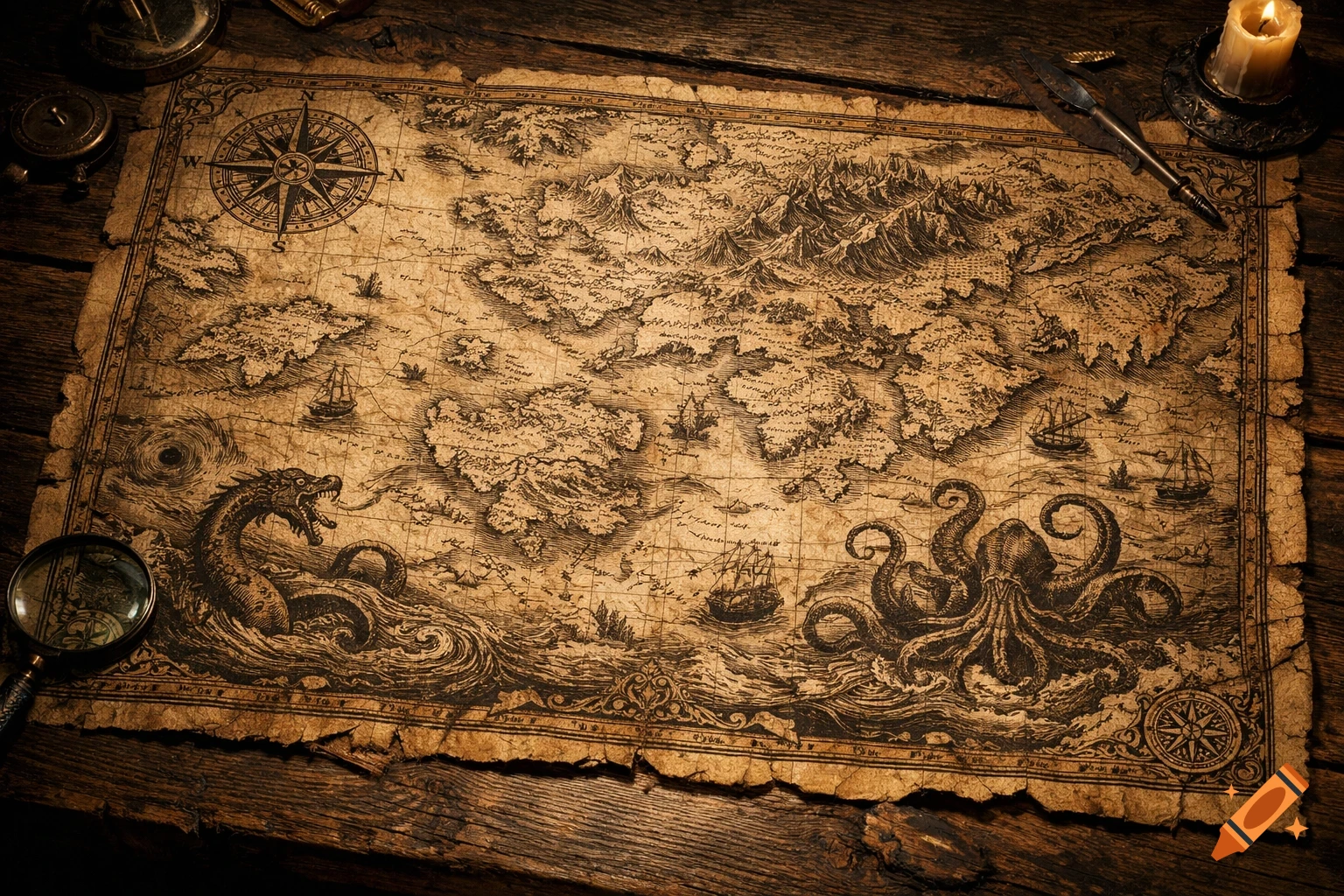 A detailed, vintage-style fantasy map with a compass rose, sea monster, octopus, ships, mountains, and old paper texture on a wooden table with a candle and magnifying glass.