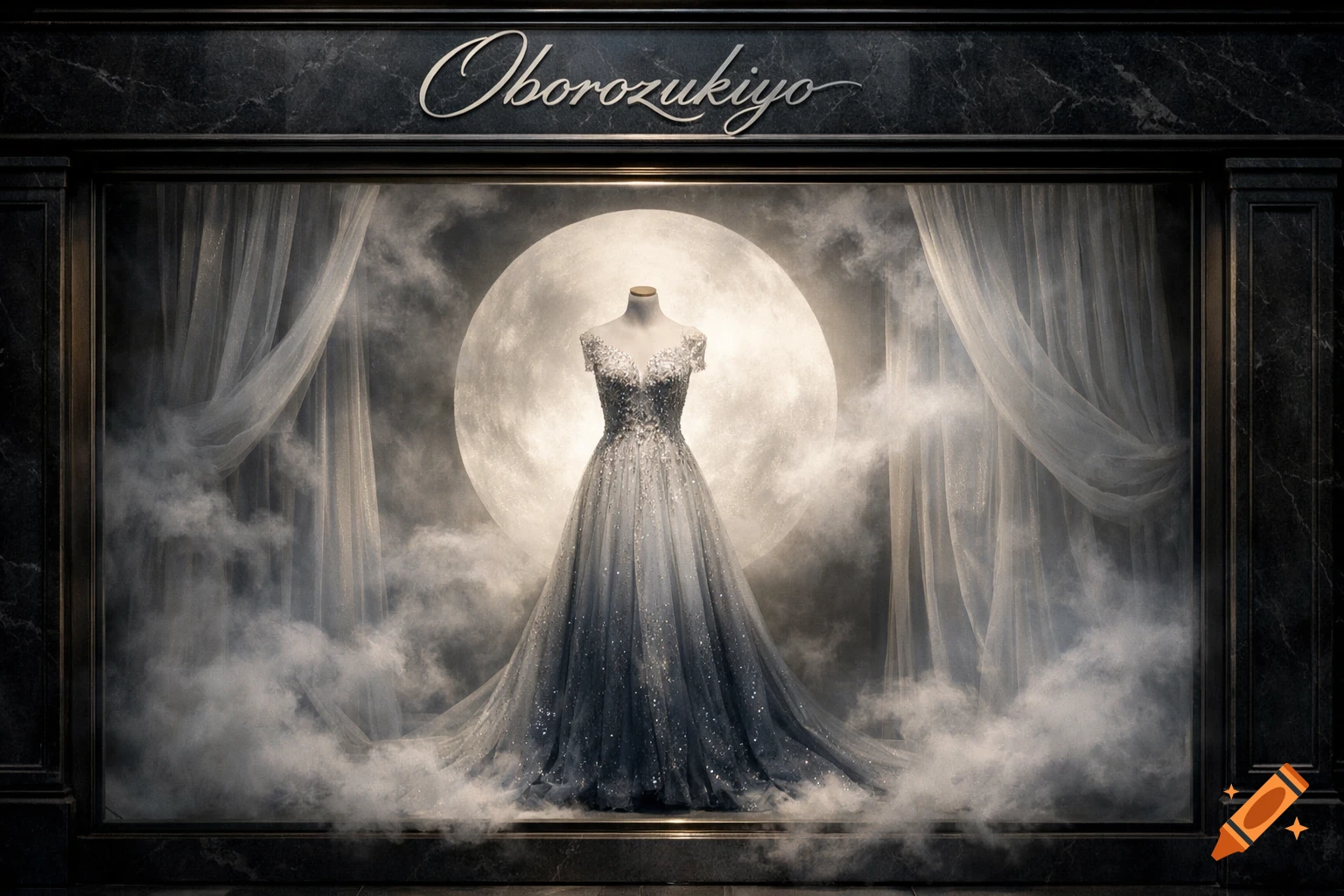 A dark storefront with "Oborozukiyo" in script above a window display. A glittery evening gown on a mannequin stands before a large full moon and hazy clouds.
