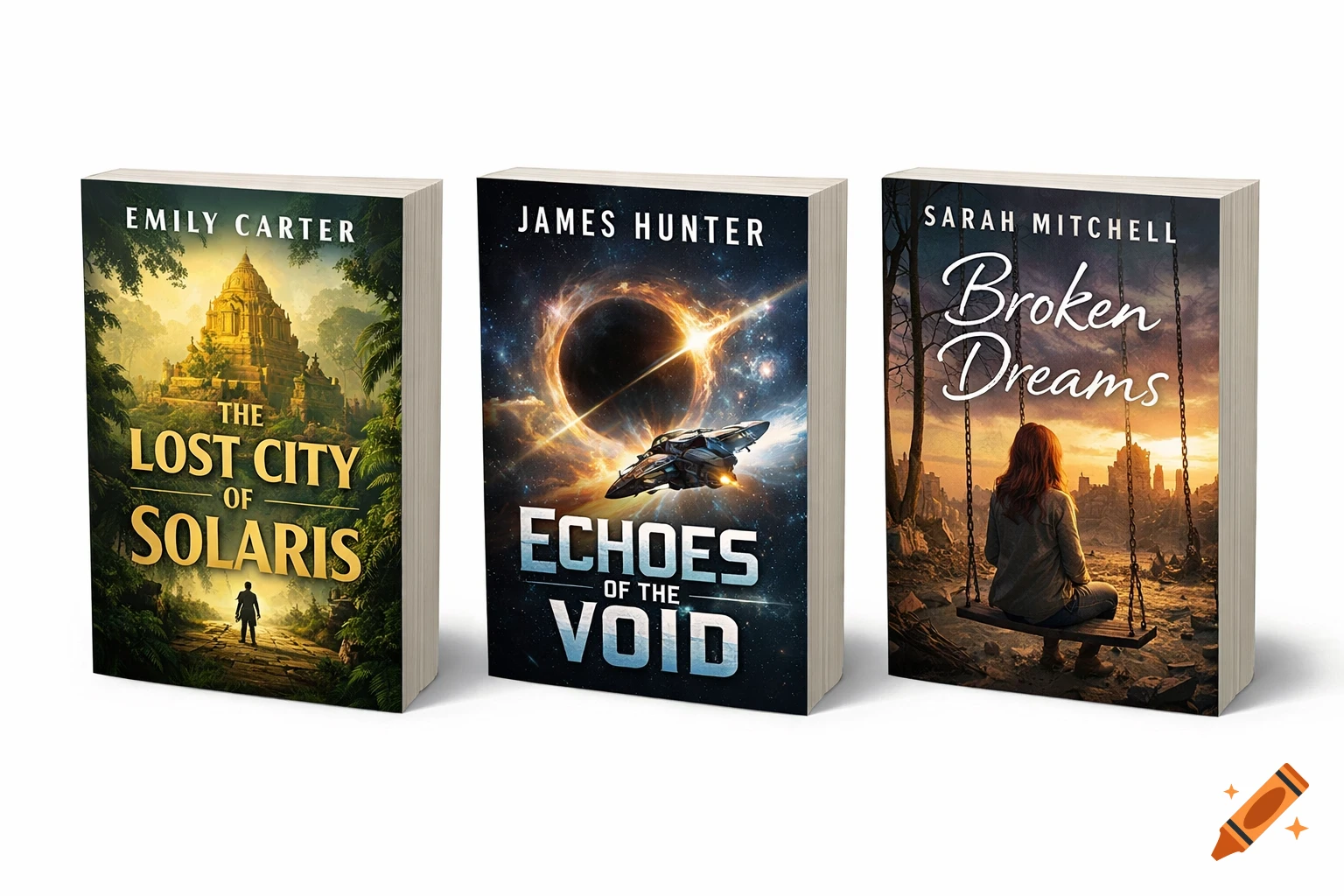 Three paperback book covers are displayed, featuring fantasy ruins, a spaceship in space, and a woman on a swing.