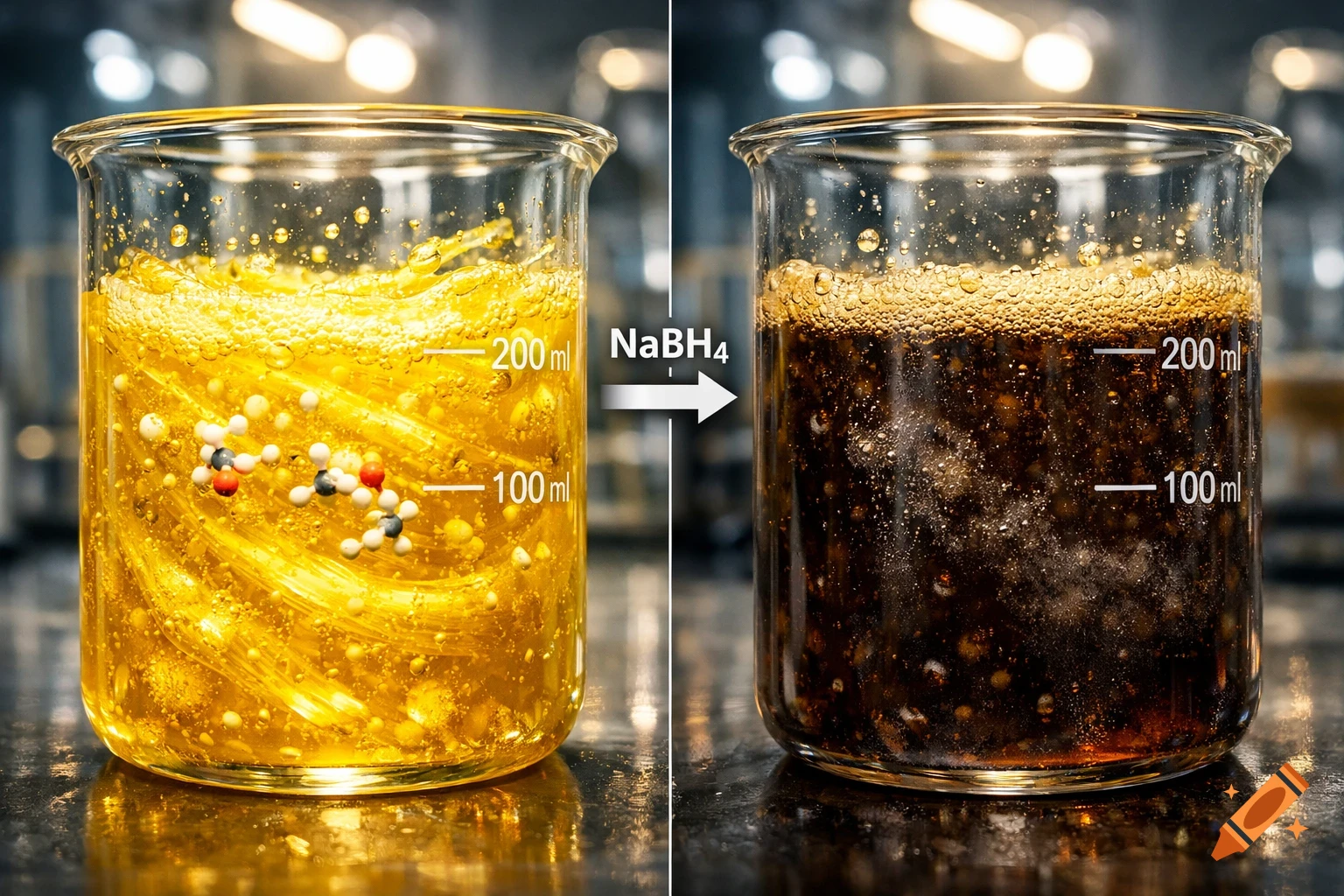 A yellow bubbly liquid in a beaker with molecular models transforms into a dark brown frothy liquid after NaBH4 is added.
