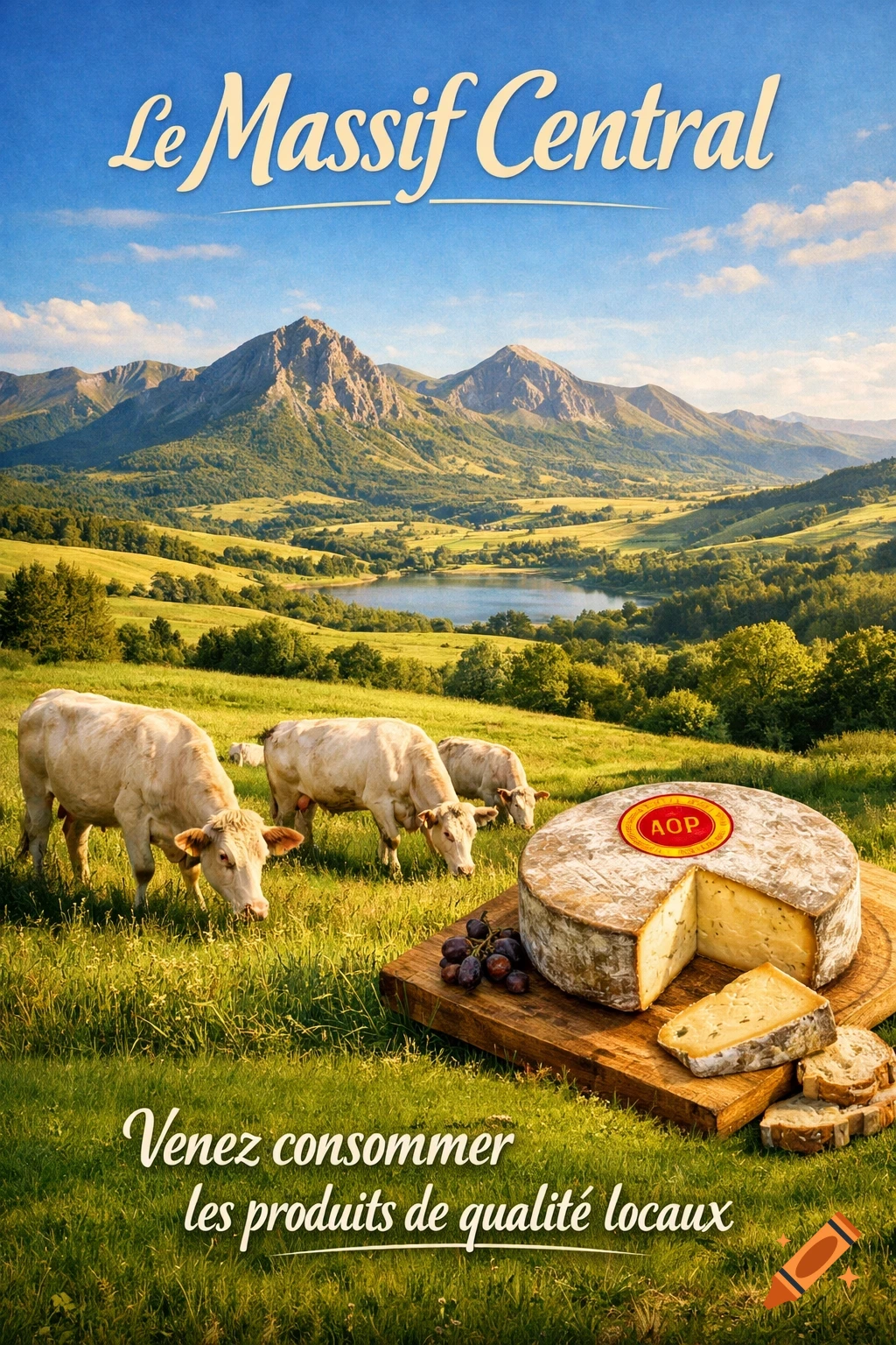 Photorealistic poster of Massif Central. Cows graze in green fields, mountains and a lake in the background. A cheese, bread, and grapes in front.