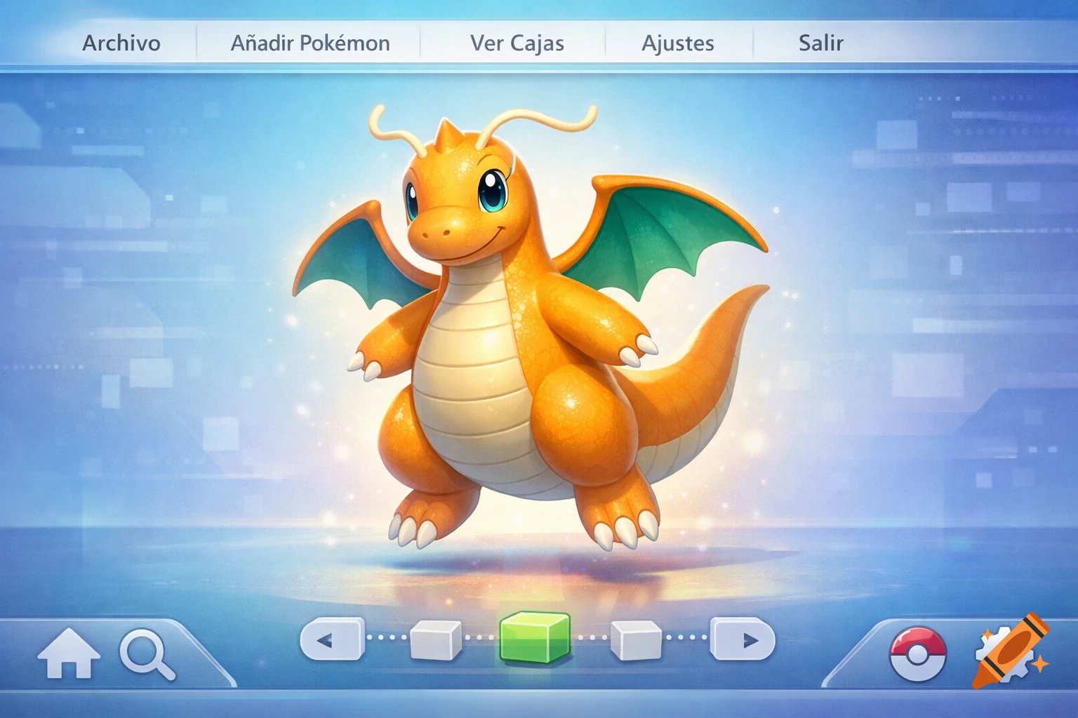 A 3D rendered Dragonite stands on a glowing blue UI, with a top menu bar showing options in Spanish and bottom navigation icons.