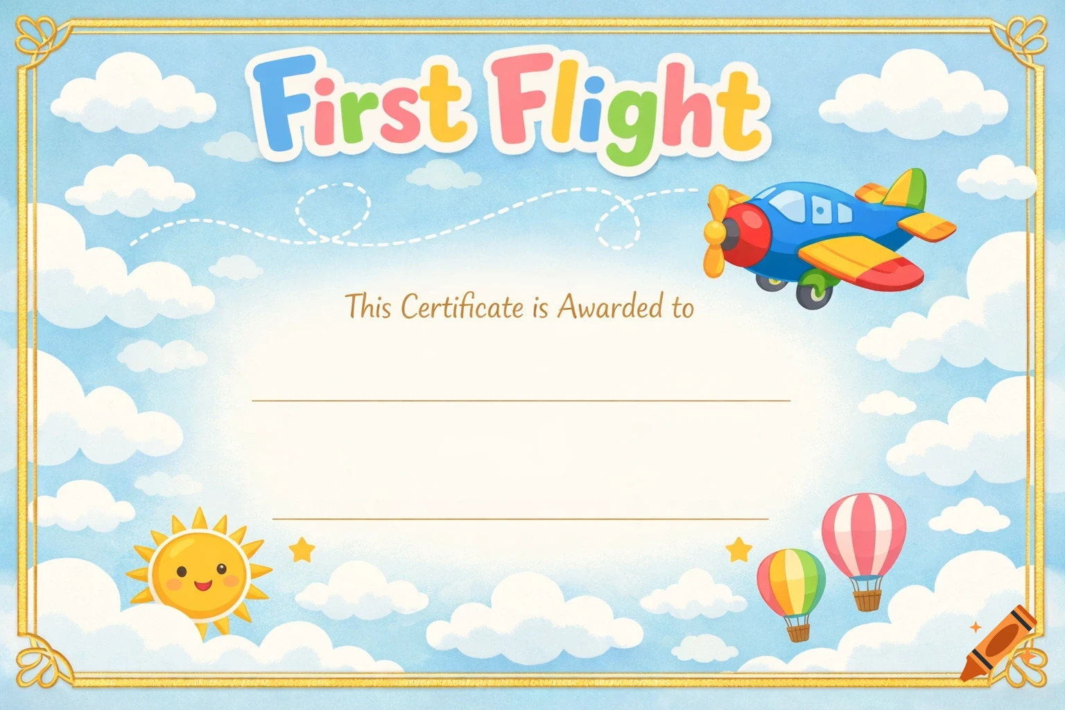 Children's 'First Flight' certificate with a blue sky, white clouds, a colorful toy plane, hot air balloons, and a smiling sun, framed by a gold border, flat 2D illustration.