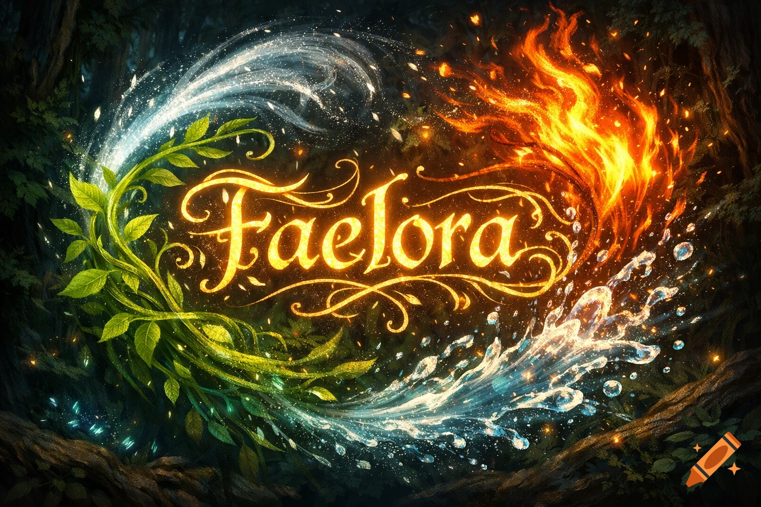 The glowing word "Faelora" surrounded by swirling green vines, white water, and orange flames in a dark forest.