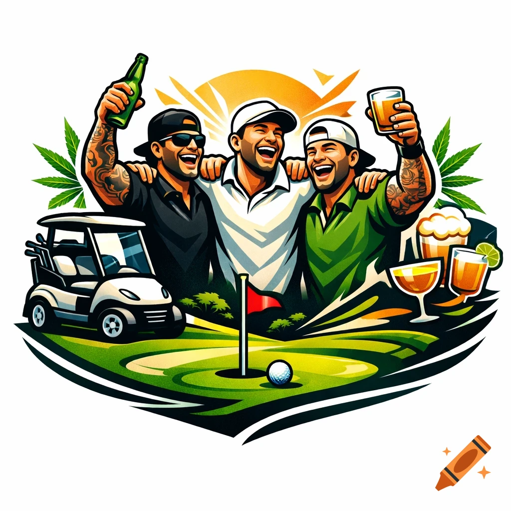 Stylized illustration of three happy male golfers celebrating on a course with drinks and cannabis leaves next to a golf cart.
