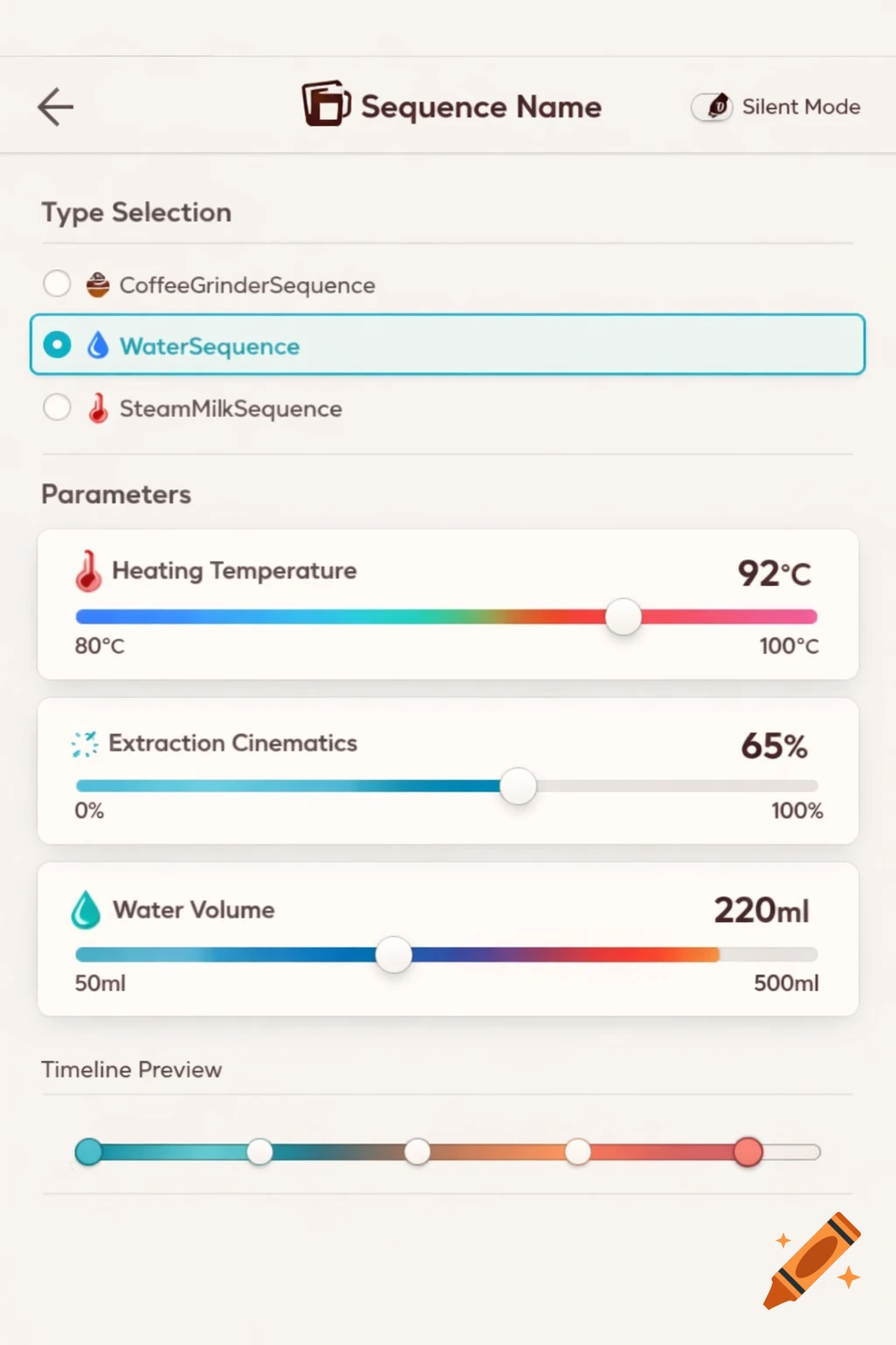 A modern user interface for a beverage sequence configuration, showing settings for water temperature, extraction cinematics, and water volume.