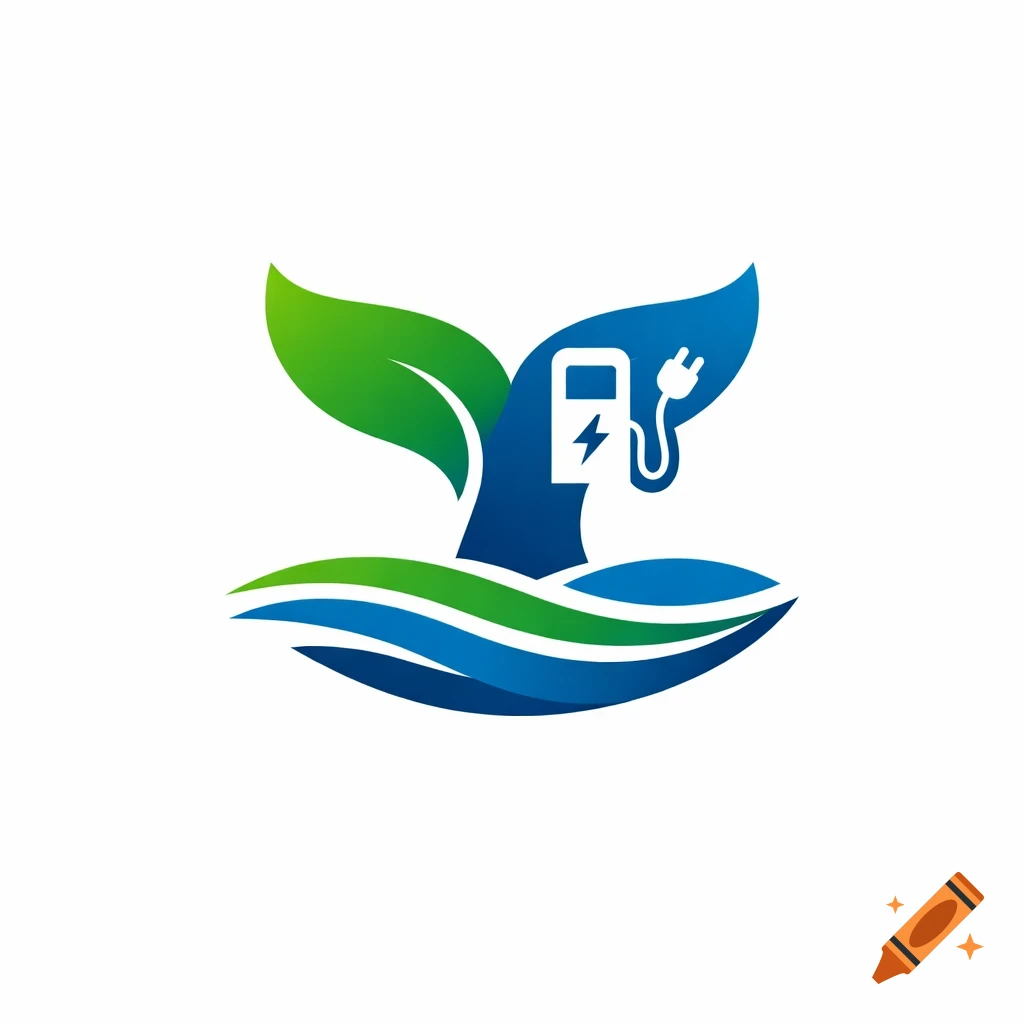 A flat design logo featuring a green leaf and a blue whale tail with an EV charger symbol, rising above blue and green waves.