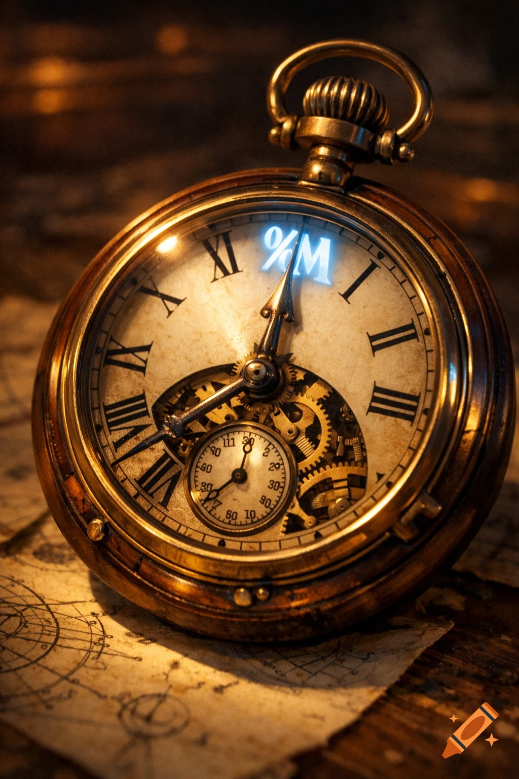 A detailed close-up of a vintage brass pocket watch with visible gears, Roman numerals, and a glowing '%M' on its face, resting on old map fragments.