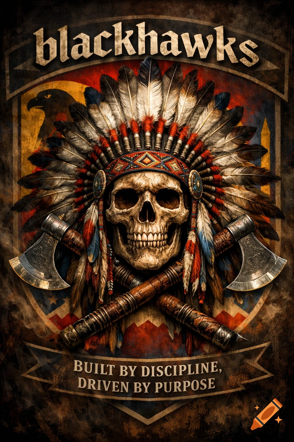 A stylized, grungy image of a skull wearing a Native American feathered headdress, with crossed axes, an eagle silhouette, and text "blackhawks" and "BUILT BY DISCIPLINE, DRIVEN BY PURPOSE".