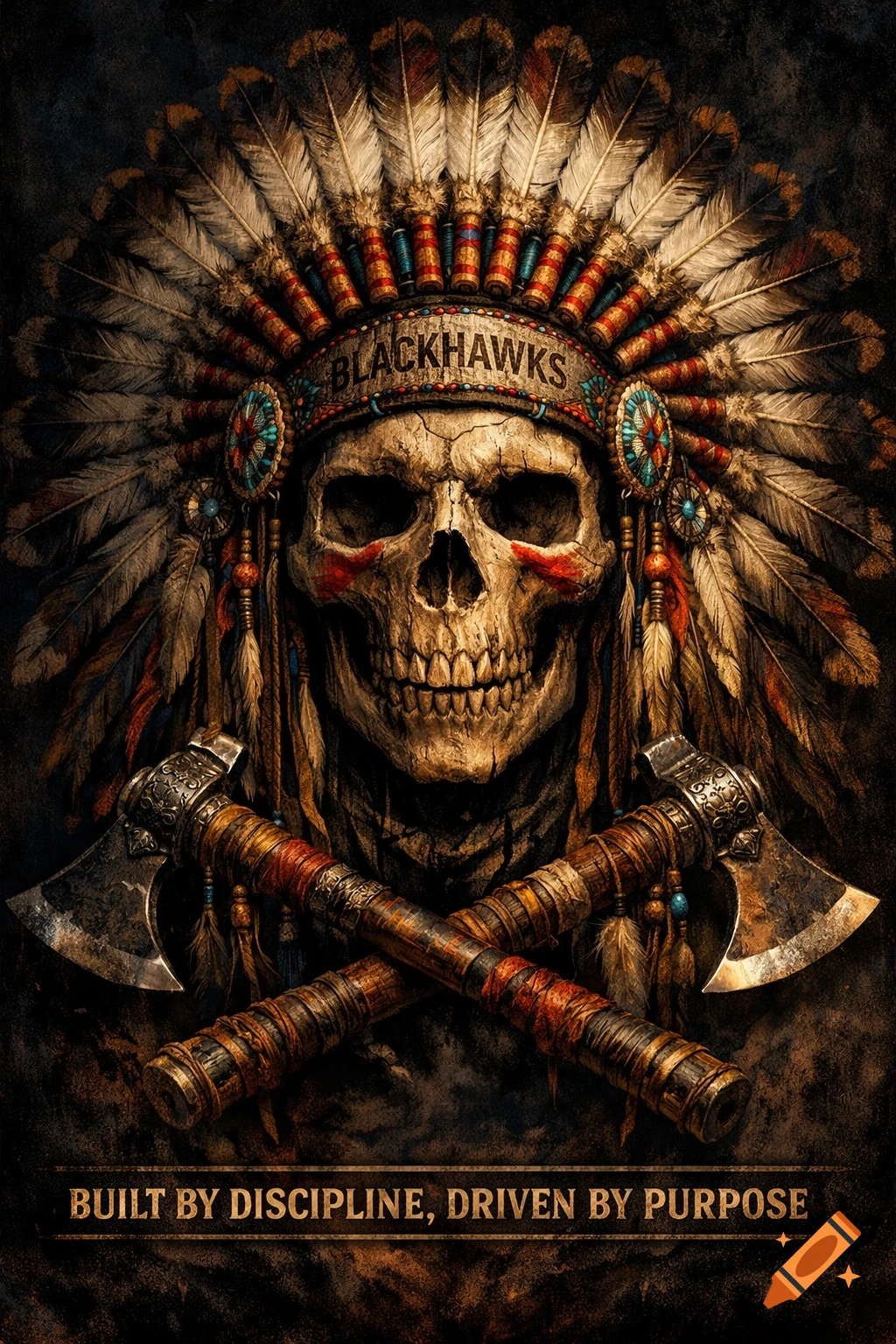 A weathered skull wearing an elaborate Native American warbonnet, with two traditional axes crossed below. The headdress has "BLACKHAWKS" text, and the bottom reads "BUILT BY DISCIPLINE, DRIVEN BY PURPOSE".