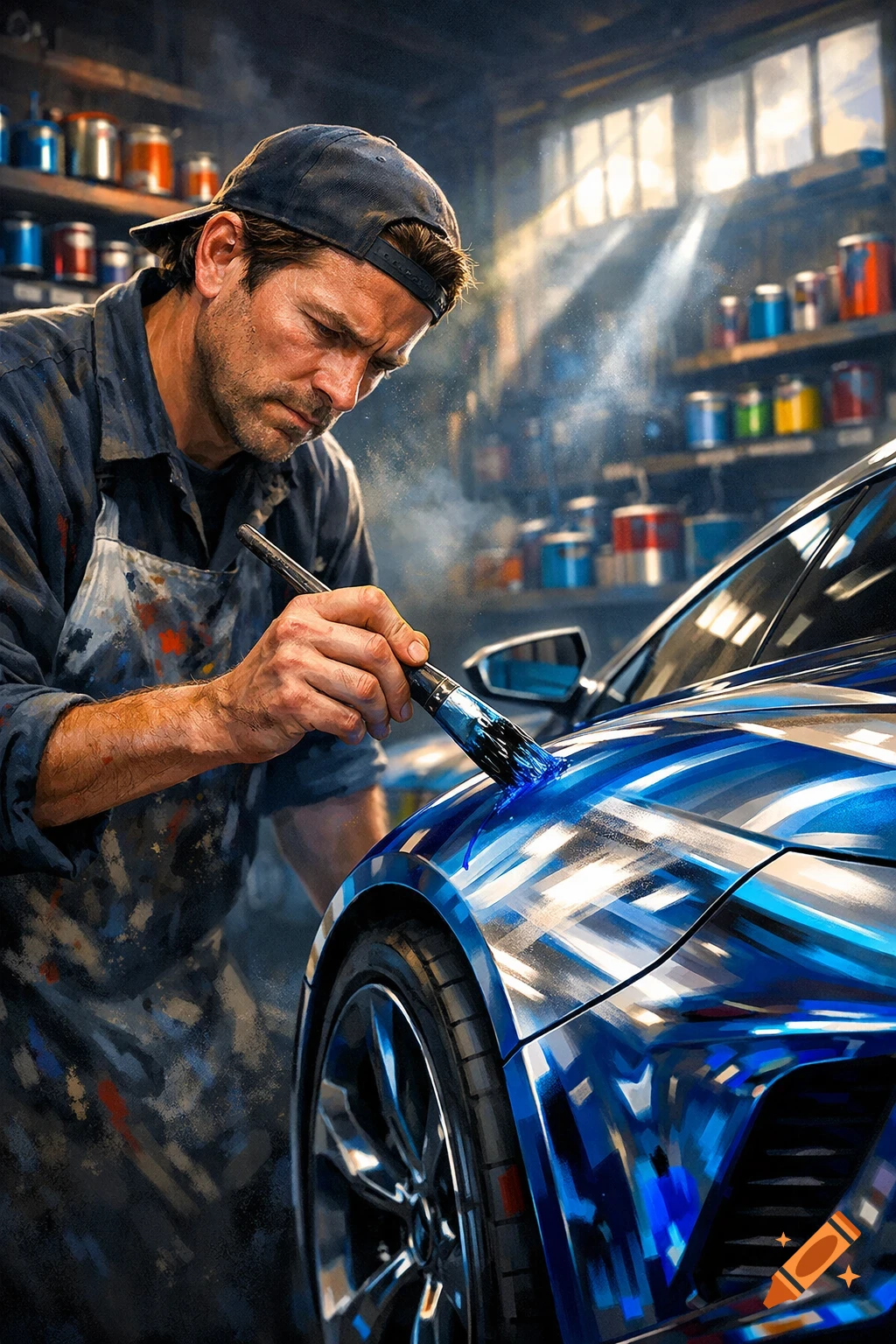A man in a baseball cap and paint-splattered apron paints a blue car with a brush in a stylized workshop.