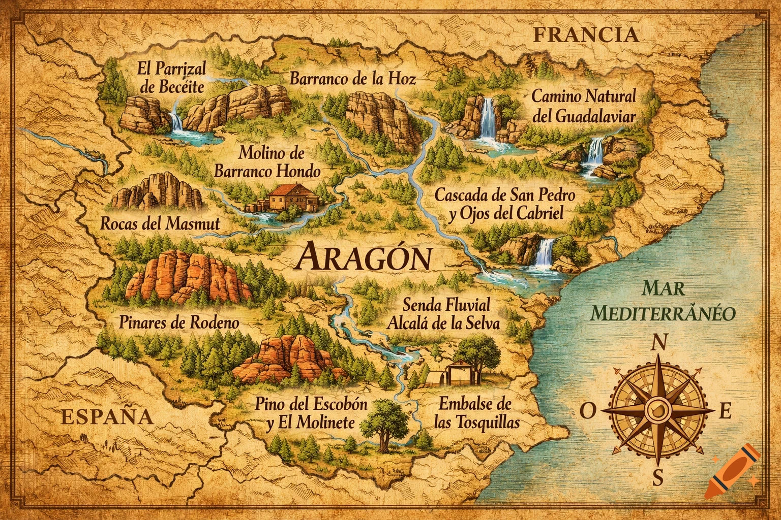 An old-style map of the Aragón region in Spain, depicting various natural landmarks, rivers, mountains, and forests with text labels for locations, surrounding countries, and the Mediterranean Sea. A compass rose is in the lower right.