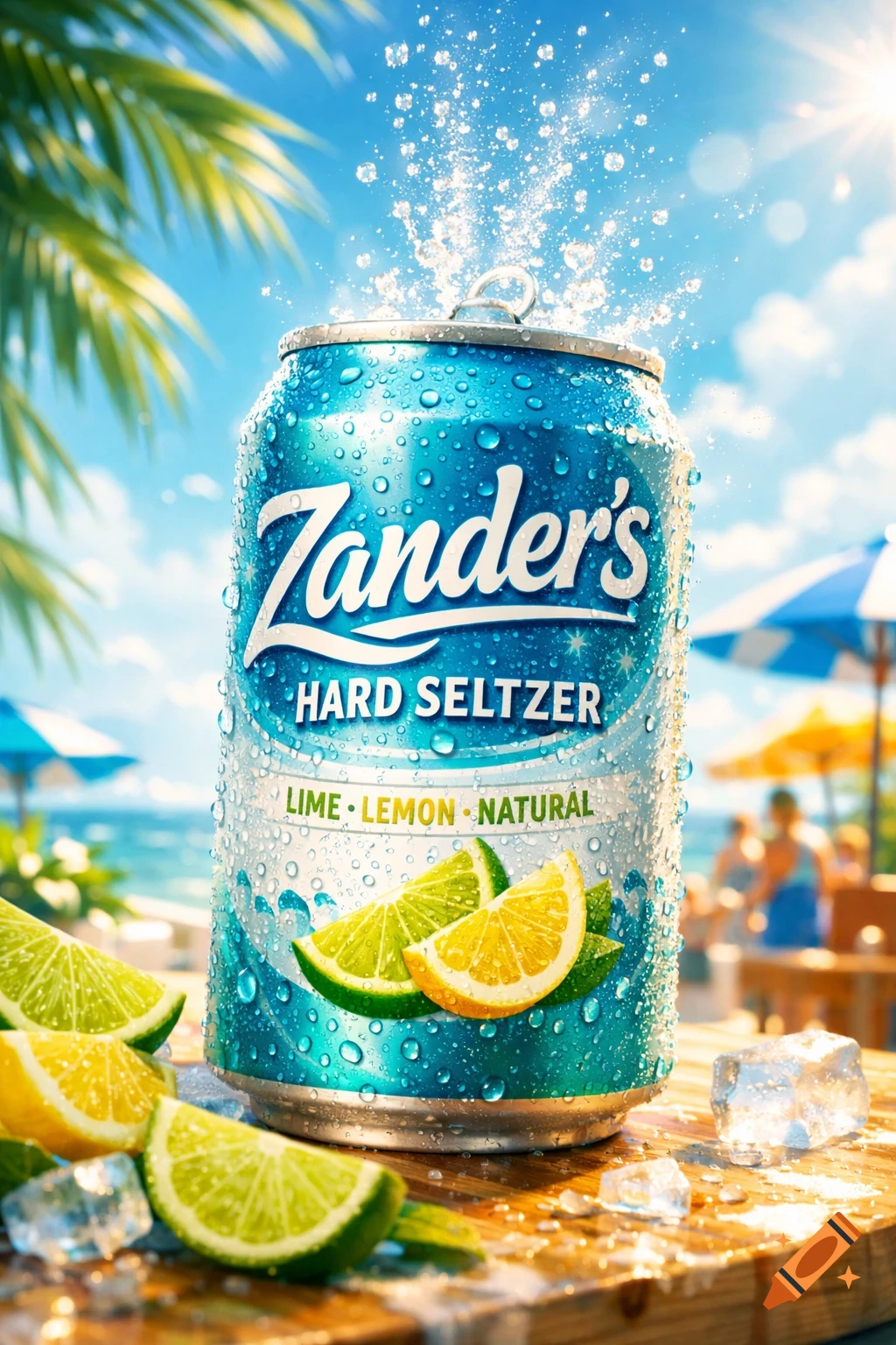 Photorealistic image of a cold blue Zander's Hard Seltzer can with lime, lemon, ice, and water splashes on a beach.