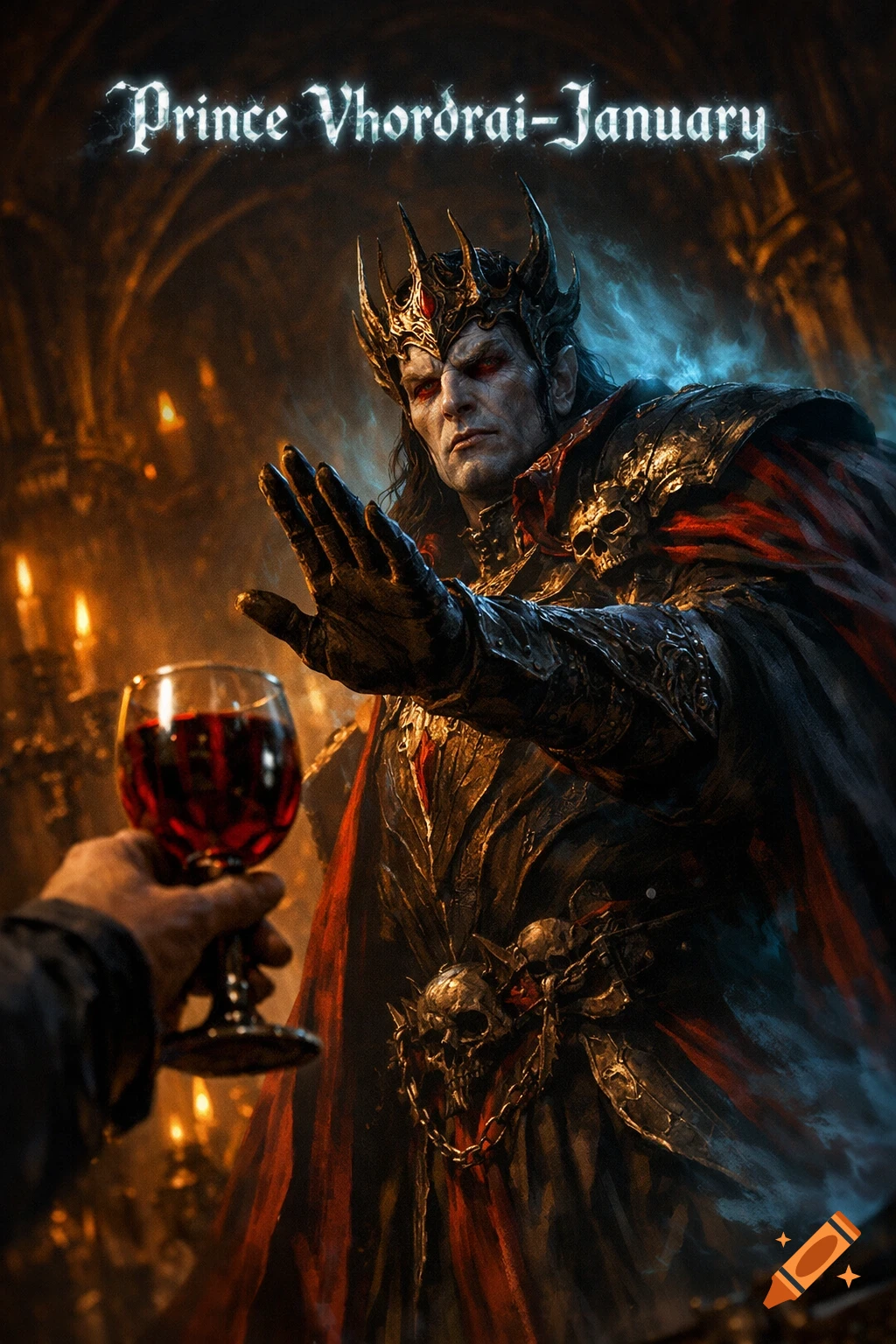 A dark fantasy prince with red eyes and a spiky crown, wearing ornate armor and a red cape, refusing a glass of red wine from a hand. "Prince Vhordrai-January" text is above.