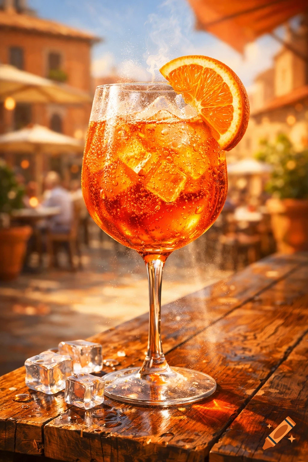 A vibrant Aperol Spritz cocktail with ice and an orange slice on a rustic wooden table at an outdoor cafe.