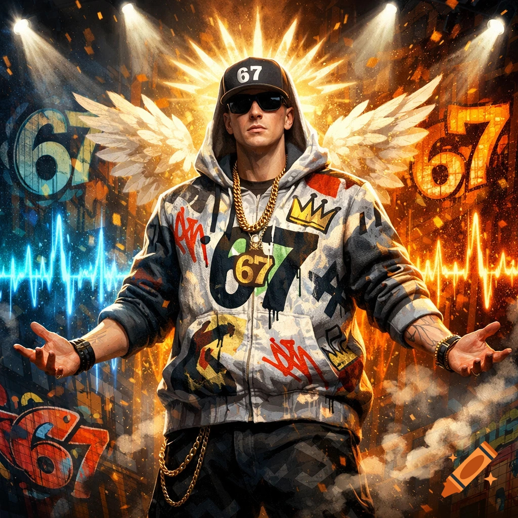 A man in a hoodie, sunglasses, and cap with a gold chain stands under stage lights with wings and the number 67 in a vibrant, urban graffiti style.