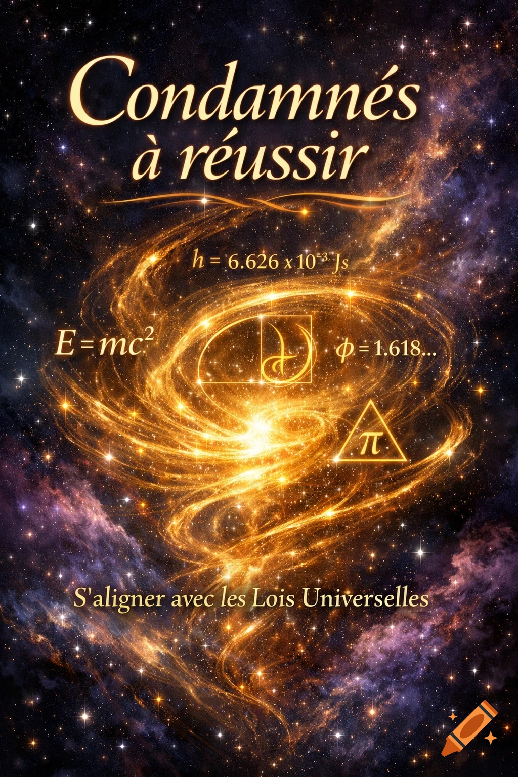 Book cover with 'Condamnés à réussir' on a galaxy background, featuring physics equations (E=mc²) and symbols (golden ratio, pi).