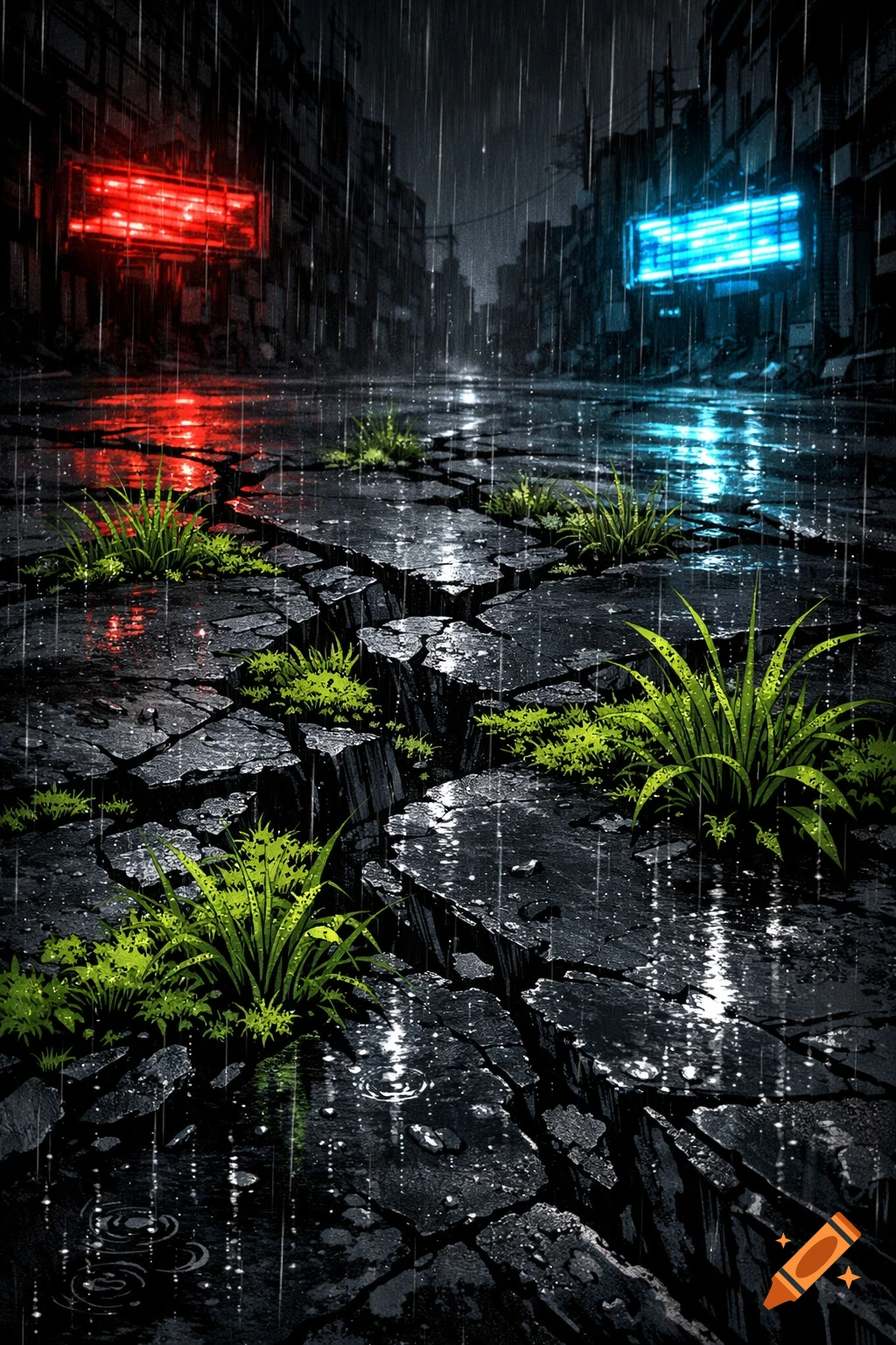 A dark, rainy cyberpunk street with cracked asphalt and grass, reflecting red and blue neon signs from distant buildings.