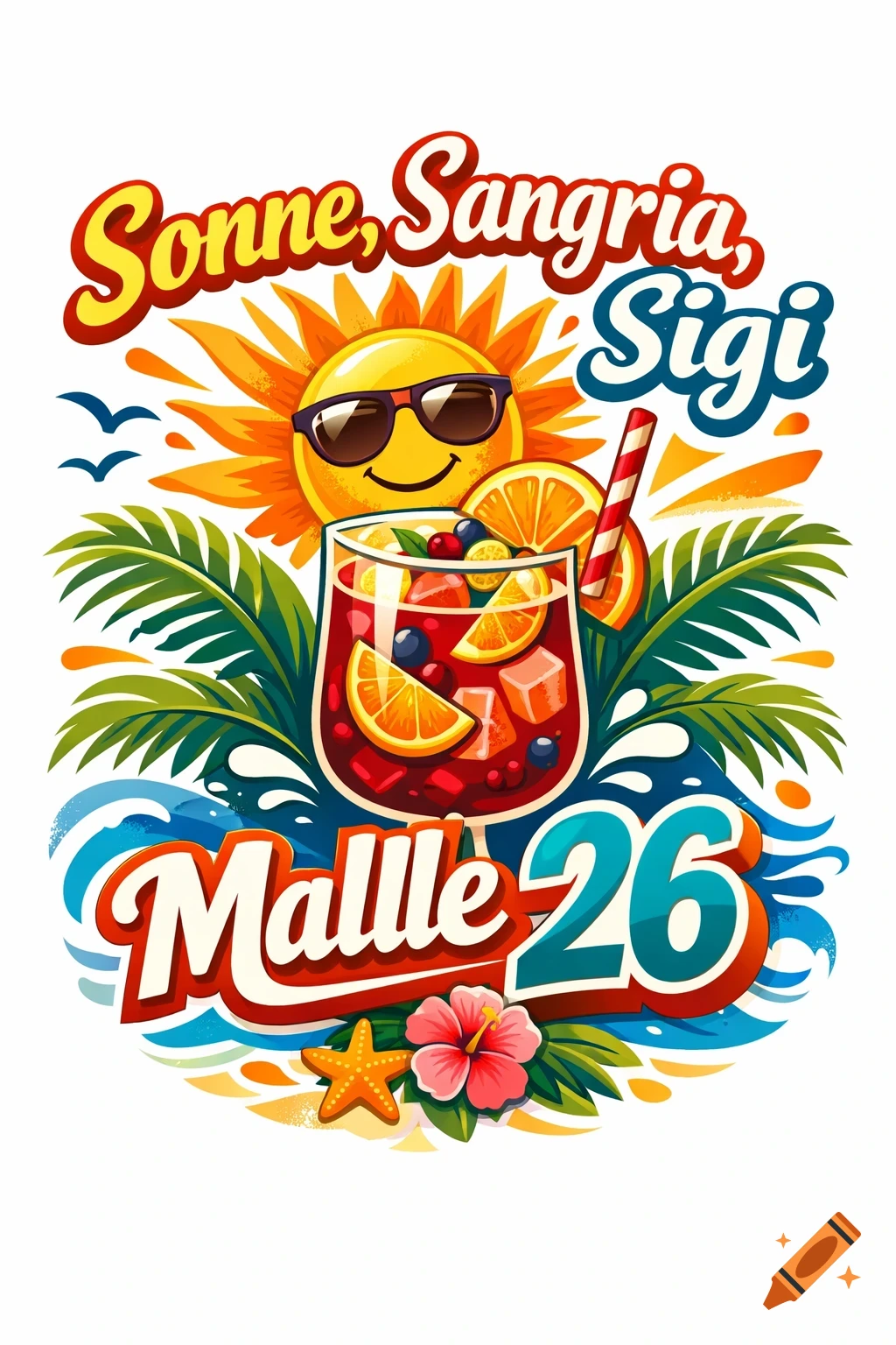 Colorful cartoon T-shirt design featuring a smiling sun, sangria drink, palm trees, waves, starfish, and text 'Sonne, Sangria, Sigi Malle 26'.
