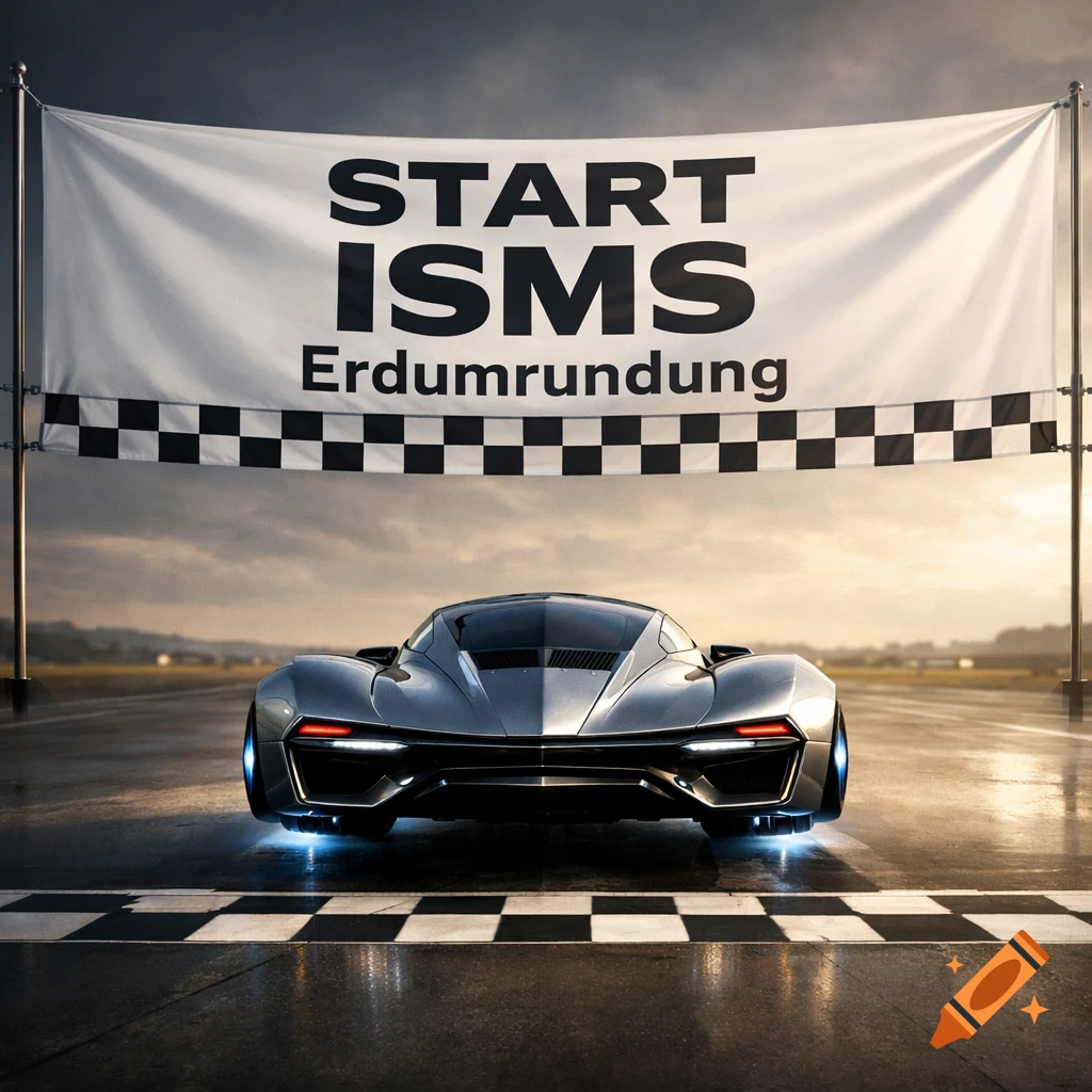 Futuristic silver car hovering at a race start line under a banner displaying 'START ISMS Erdumrundung'.