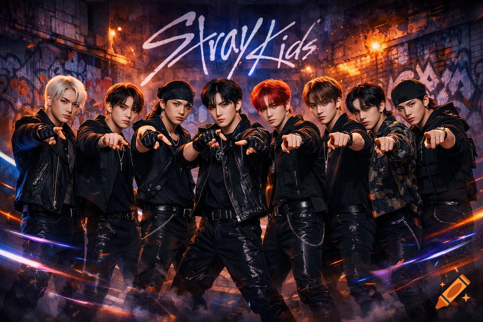 Eight men of K-pop group Stray Kids in black outfits point forward against a dark, glowing, graffiti background.