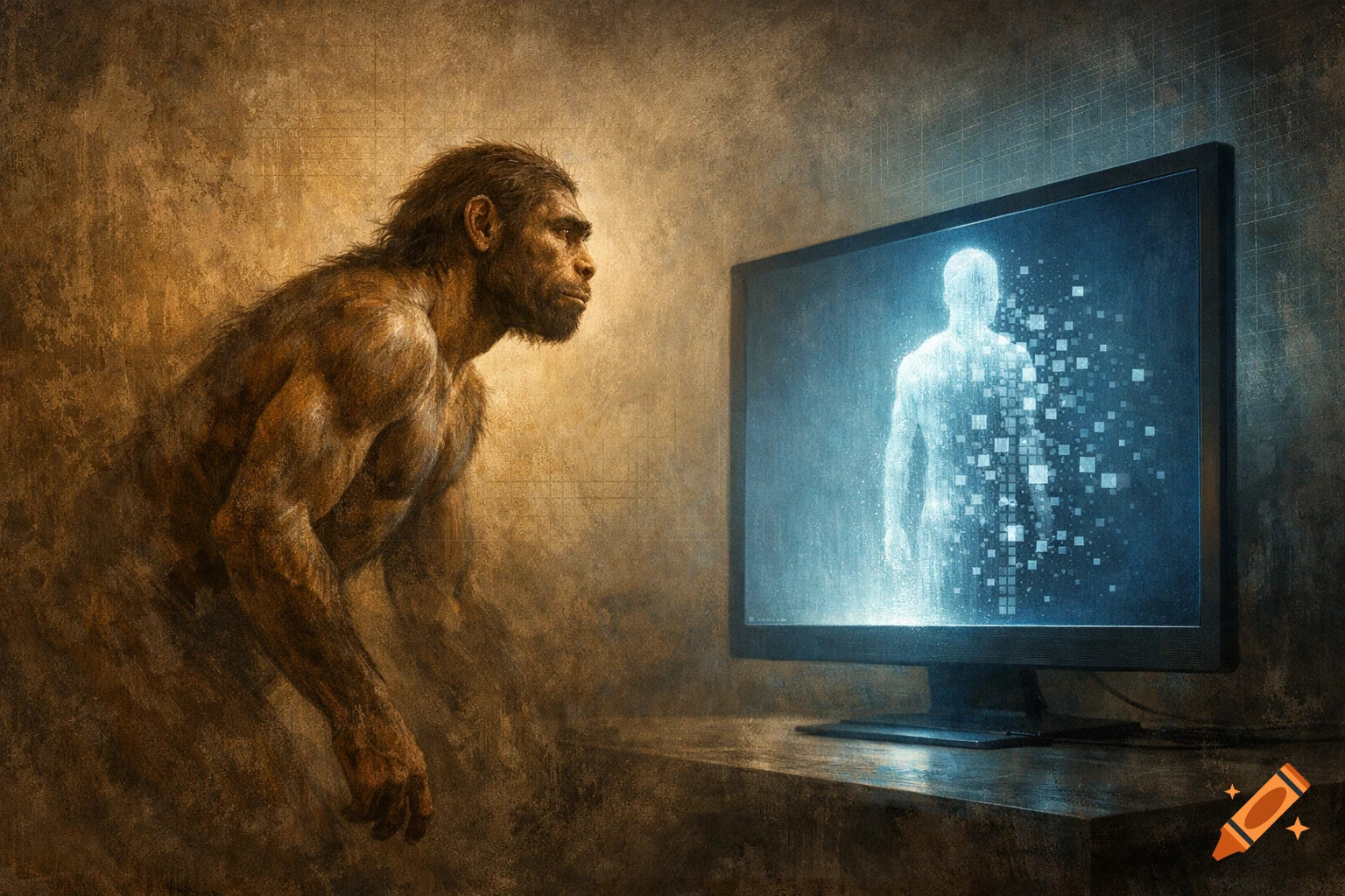 A muscular ape-like human intently watches a computer monitor where a human silhouette dissolves into pixels.