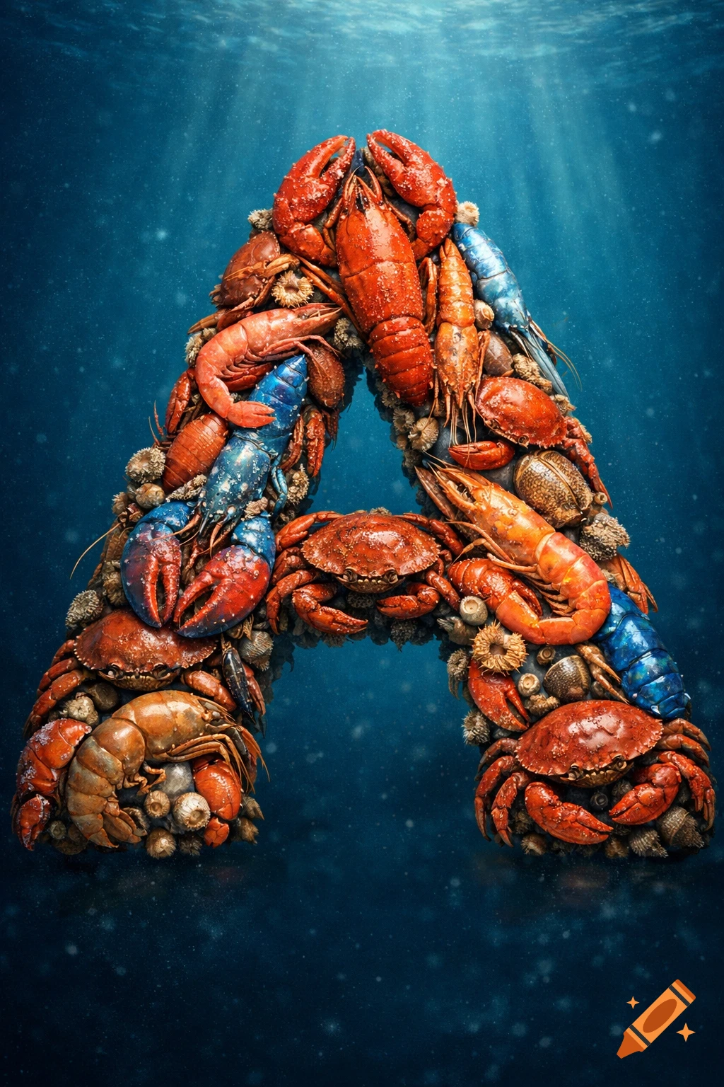 Photorealistic letter A formed by red lobsters, crabs, and shrimp, set against a deep blue underwater background with dappled light.