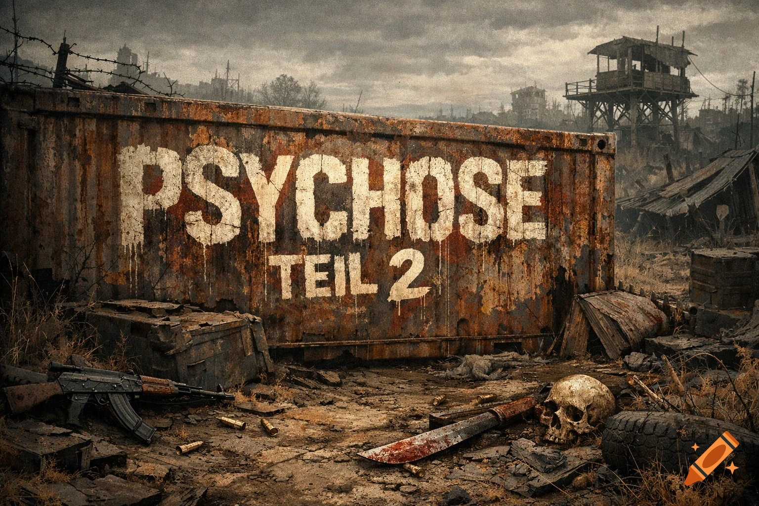 A rusty container reads 'PSYCHOSE TEIL 2' in a grim, post-apocalyptic wasteland with a skull, bloody knife, and rifle.