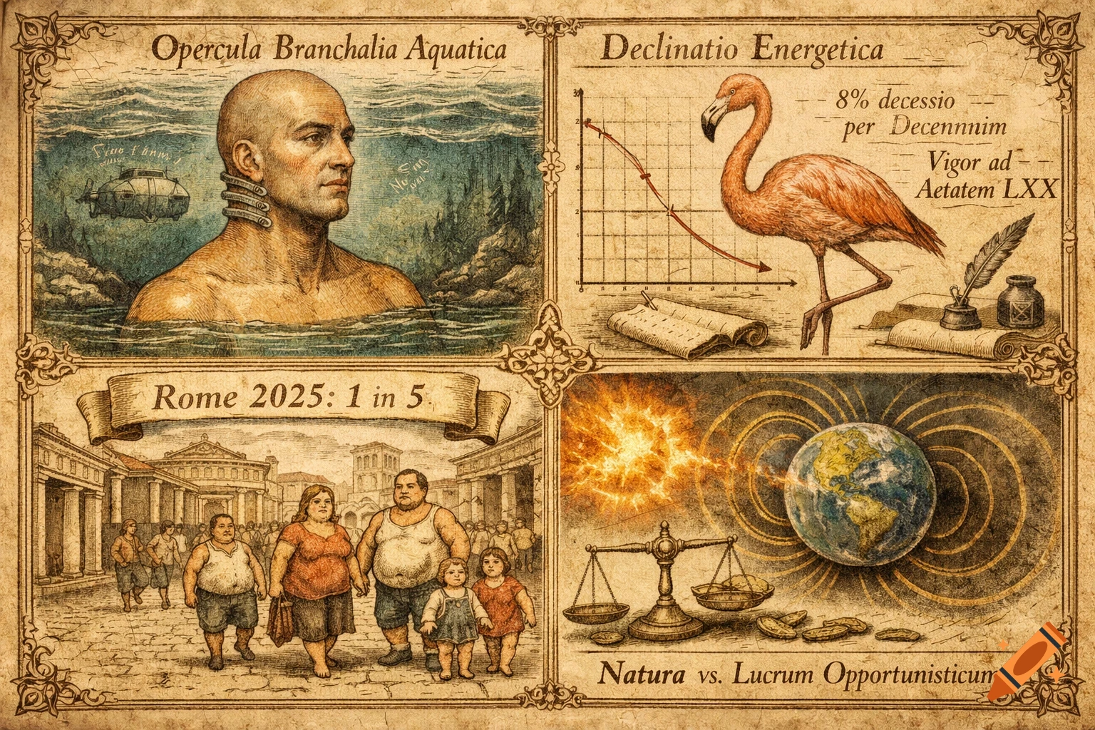 An antique-style illustration on parchment, divided into four panels: a man with neck gills in the ocean, a flamingo next to a descending graph, obese people in ancient Rome, and Earth with golden force lines and scales.
