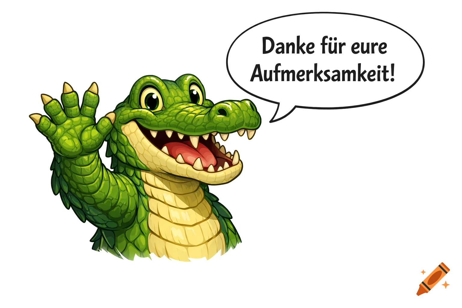 Cartoon alligator waving with a speech bubble saying 'Danke f r eure Aufmerksamkeit!' (Thank you for your attention!).