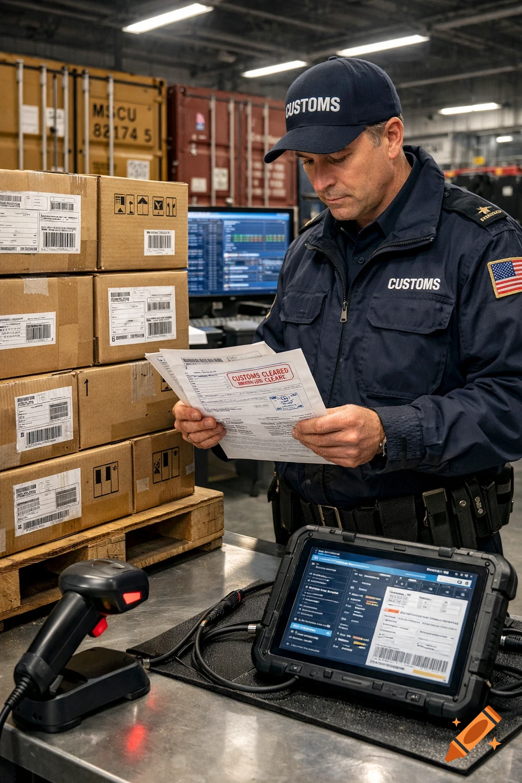 A customs officer in a uniform and cap inspects documents in a warehouse with stacked boxes, a tablet, and a barcode scanner on a metal table.