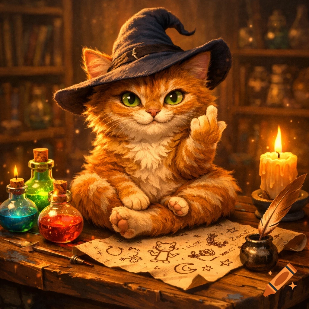 Fluffy orange cat wearing a wizard hat sits at a wooden table with potion bottles, a lit candle, and a quill on a parchment with symbols, raising one paw in a sassy gesture.