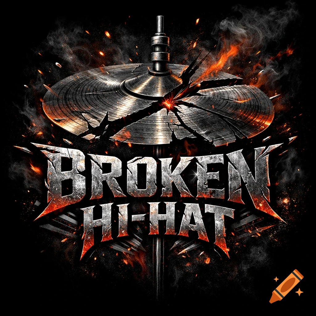 A rock band logo featuring a broken hi-hat cymbal surrounded by smoke and sparks, with the text 'BROKEN HI-HAT' in a distressed, metallic font below.