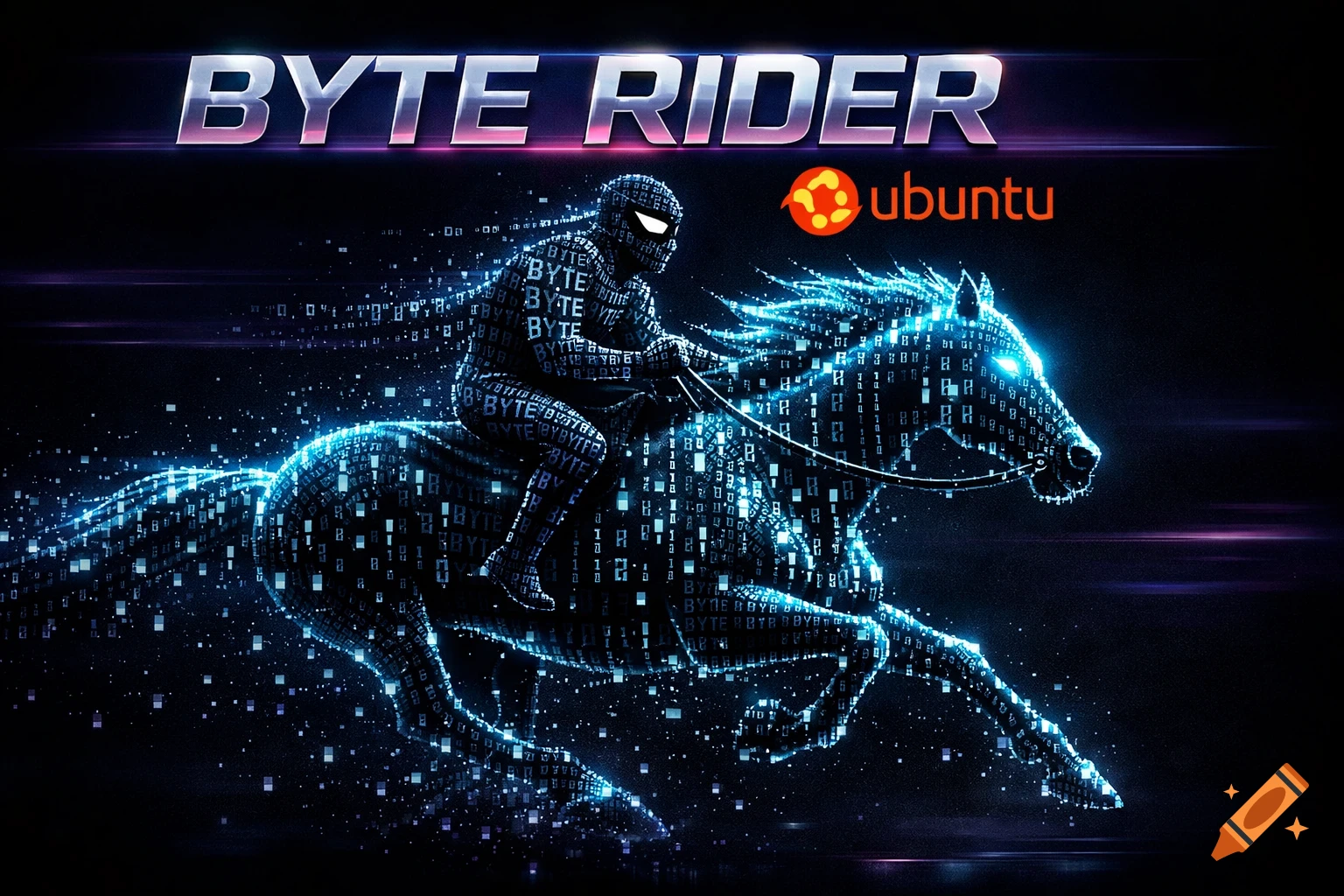 A glowing cyan digital horse made of binary code with a rider made of the word 'BYTE' galloping across a dark background. The title 'BYTE RIDER' and the Ubuntu logo are above.