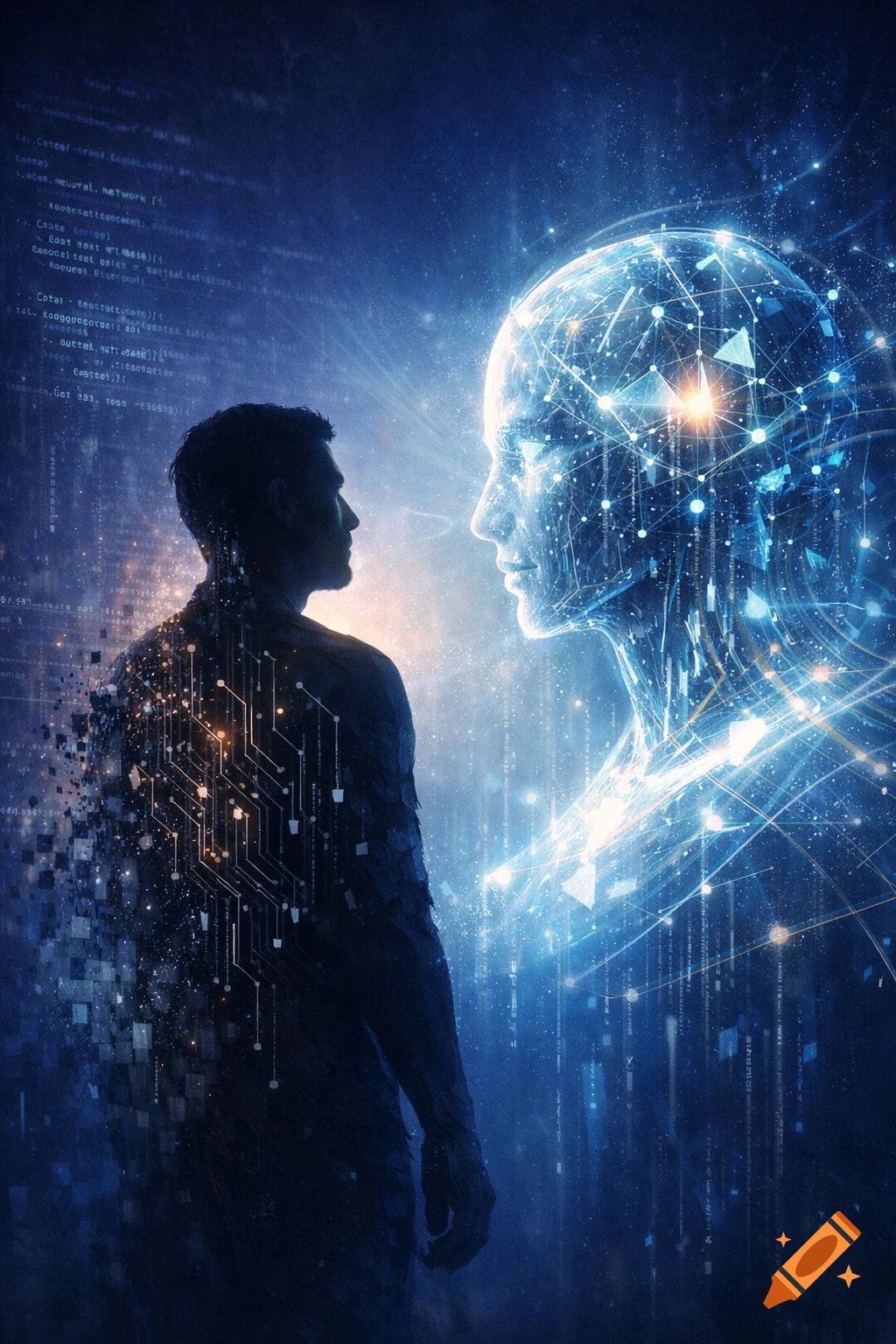 A man facing a glowing, data-networked AI head in a dark, starry, digital space, with circuit patterns on his back.