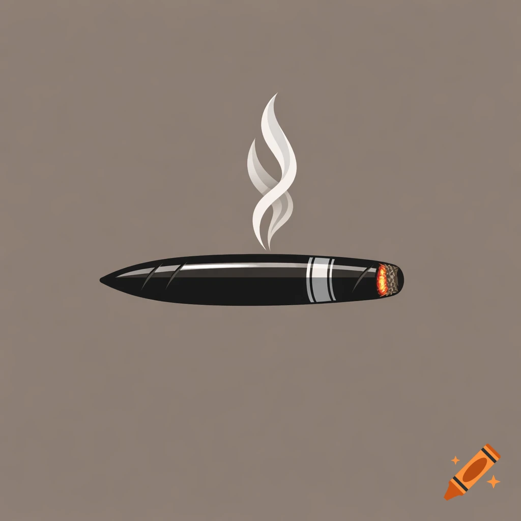 A simple logo illustration of a black torpedo cigar with two silver bands and white smoke rising from its lit end on a brown background.