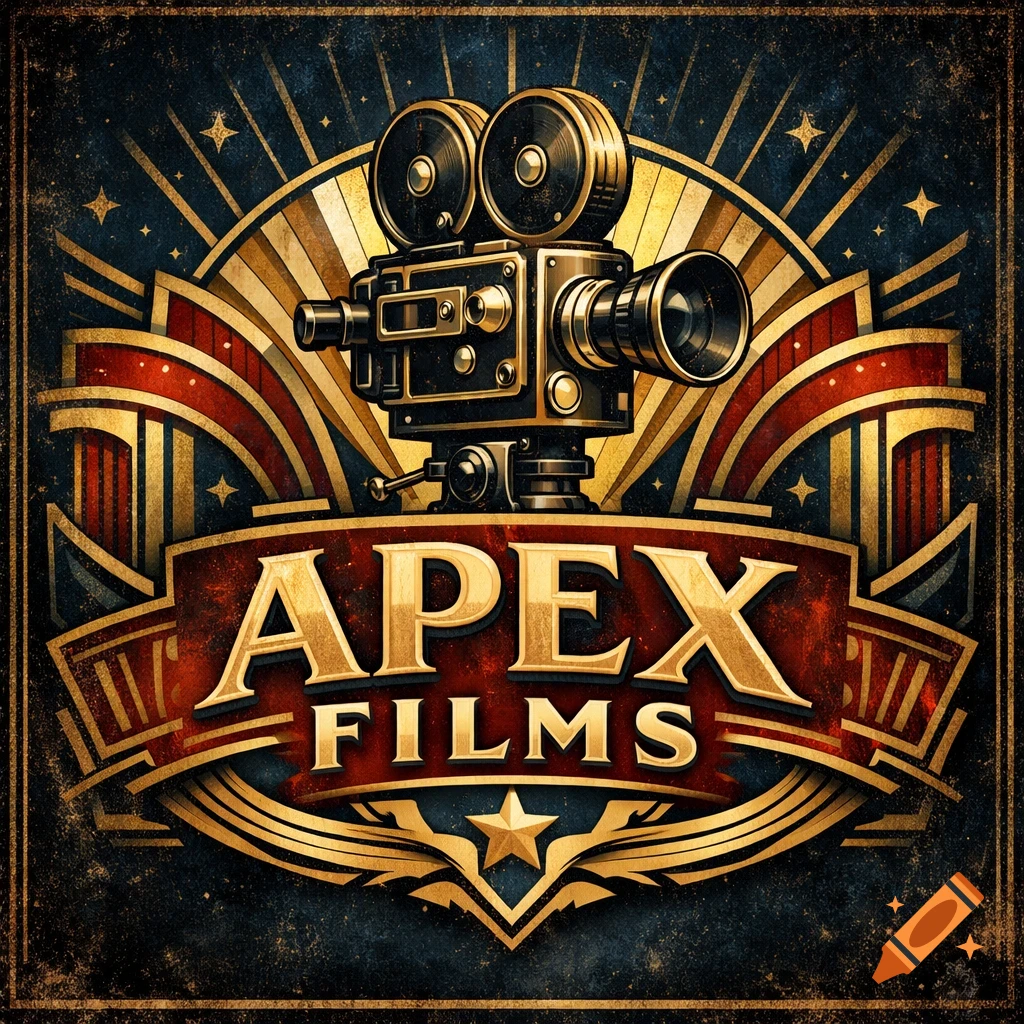 A vintage gold and red logo for APEX FILMS featuring an old film camera, with a sunburst and star background.