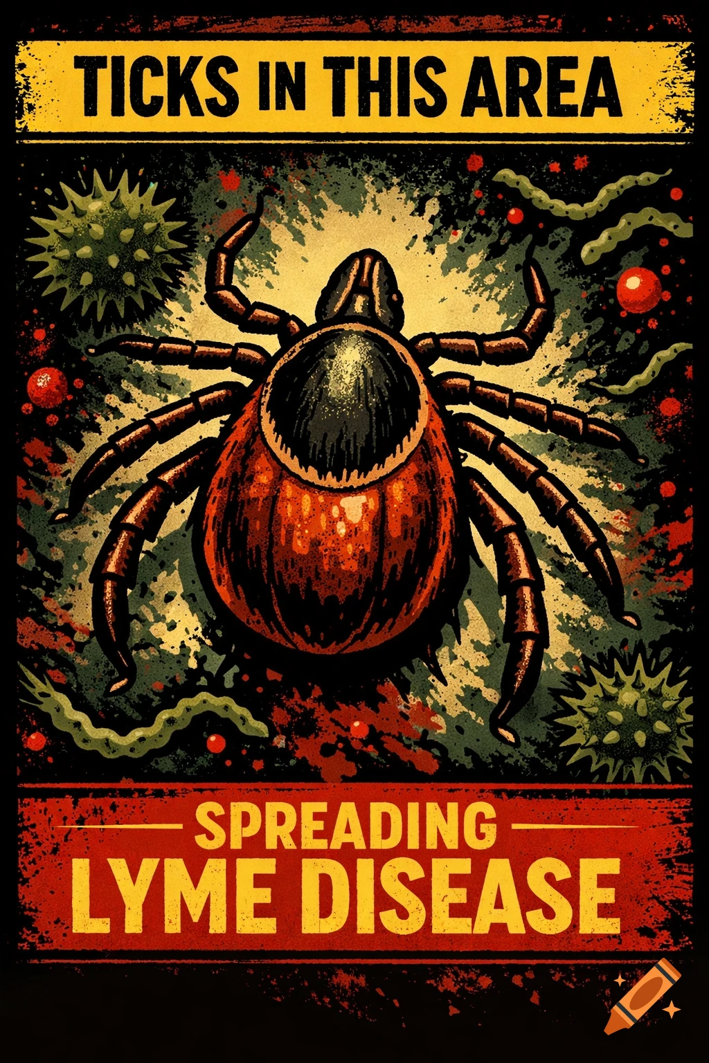 A grunge-style warning poster with a large red deer tick and the text 'TICKS IN THIS AREA SPREADING LYME DISEASE'.