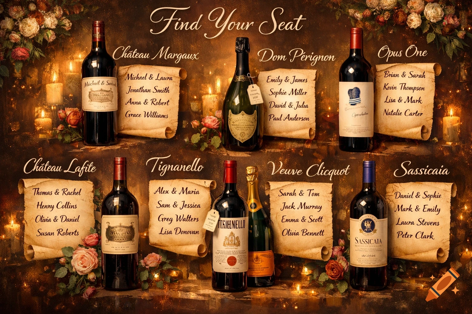 A wedding seating chart featuring famous wine and champagne bottles like Dom Perignon and Château Margaux, with guest names on scrolls, illuminated by warm candlelight and floral arrangements.