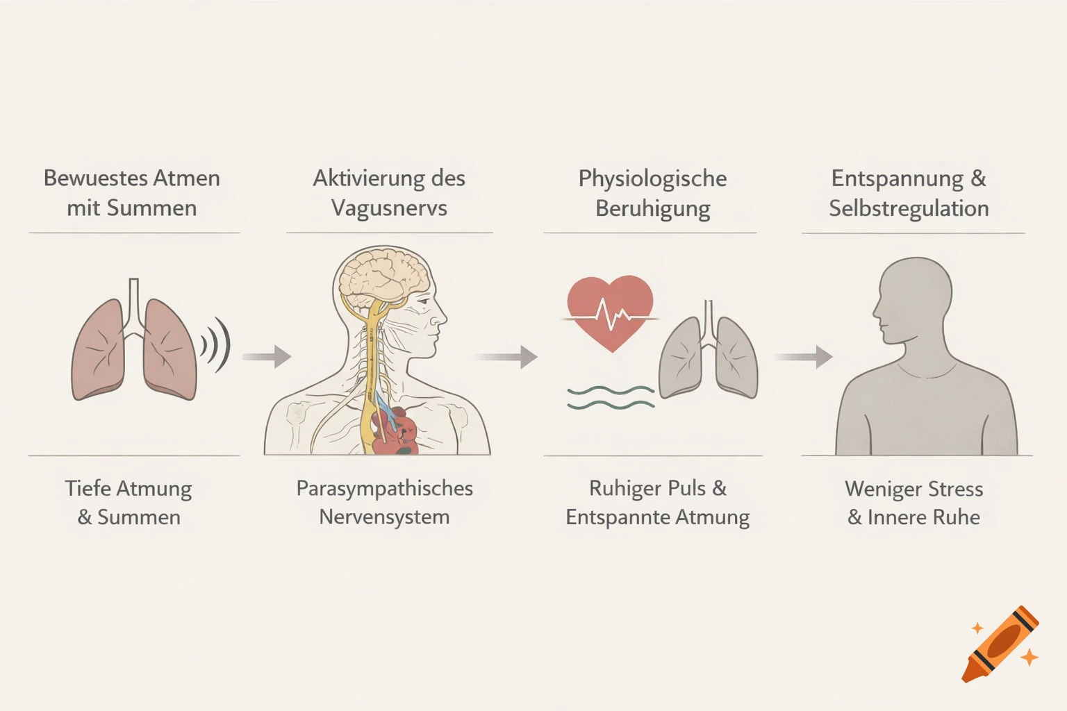 Infographic illustrating the physiological process of humming and deep breathing activating the vagus nerve, leading to relaxation and stress reduction.